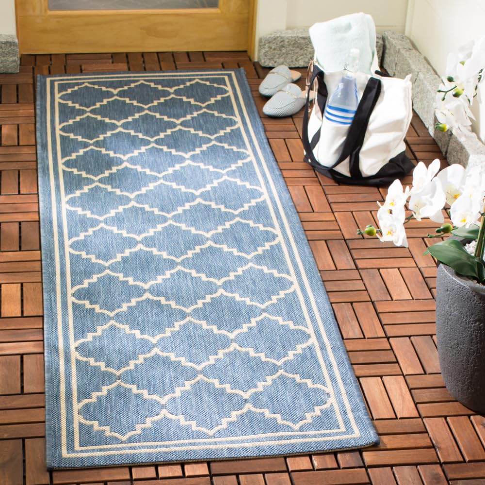 SAFAVIEH Washable Rug Outdoor Courtyard Collection - 2'3" x 10' Runner, Blue & Beige, Non-Shedding & Easy Cleaning, Ideal for Patio, Entryway, Mudroom