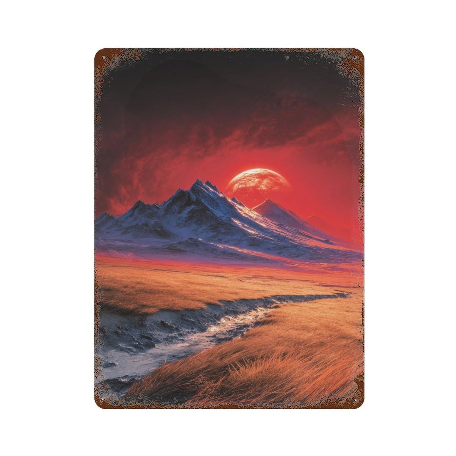 Fiery Sunset Over Snow-Capped Mountains Decorative Tin Sign 15.7"x11.8", Farmhouse Wall Decor for Garage, Bar And Workshop Decor