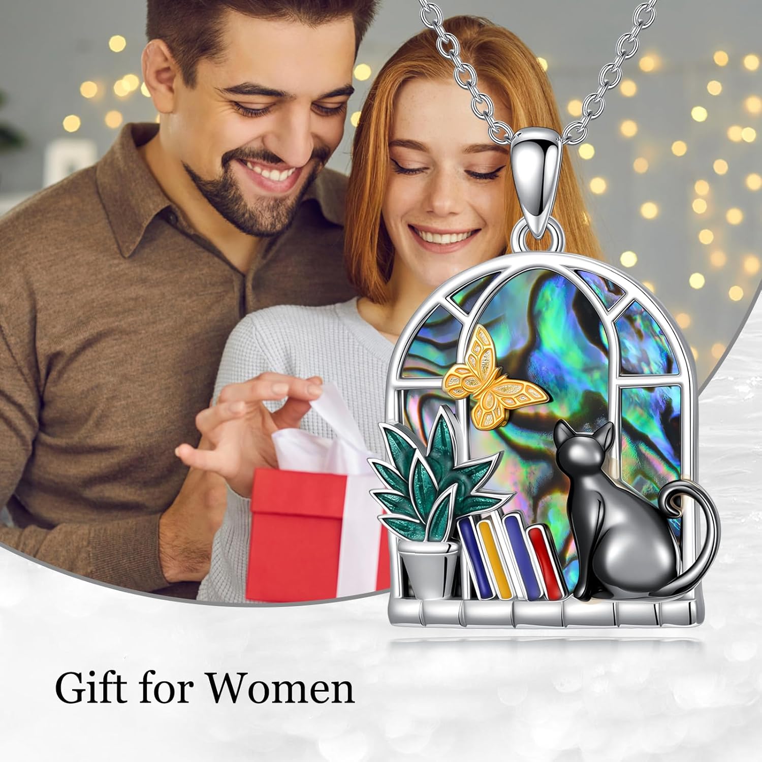 LONAGO Cat Pendant Necklace with Abalone Shell Sterling Silver Cat Necklace Jewelry Gift for Women - Image 5