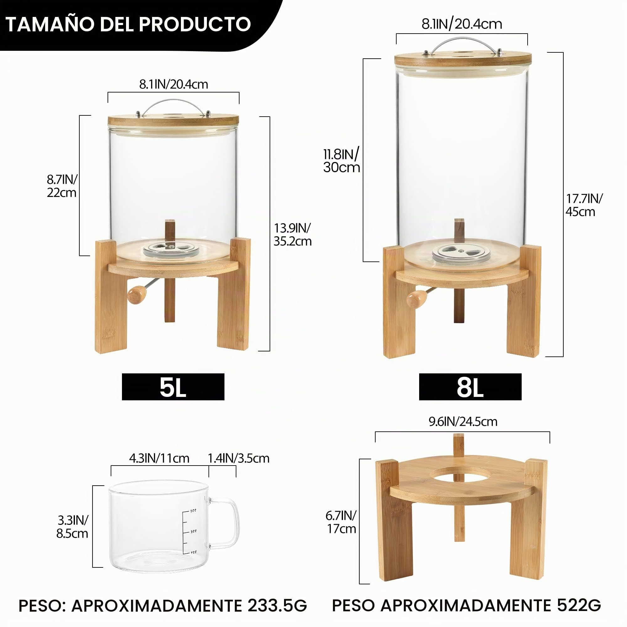Dispensador de arroz, contenedor de almacenamiento de arroz: contenedor de harina y cereales con tapa hermética y soporte de madera, recipiente de almacenamiento de alimentos de vidrio para