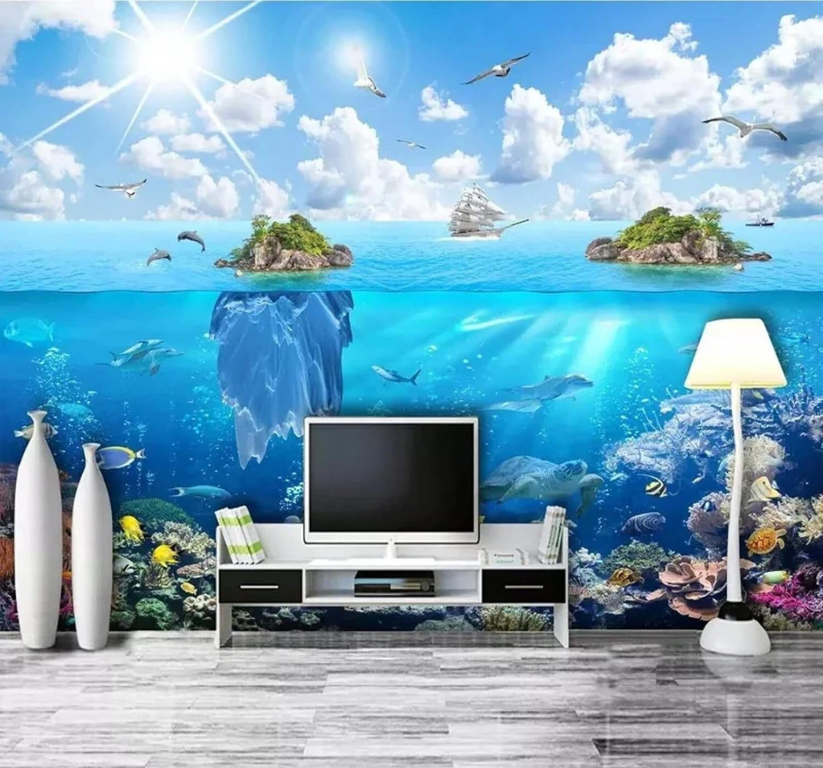 XLMING Beautiful Underwater World Islands Sailing Boats Scenery 3D Wallpaper Silky Texture Home Study Office Grey Dining Room Sofa Bedroom Living Room TV Backdrop-400cm×280cm