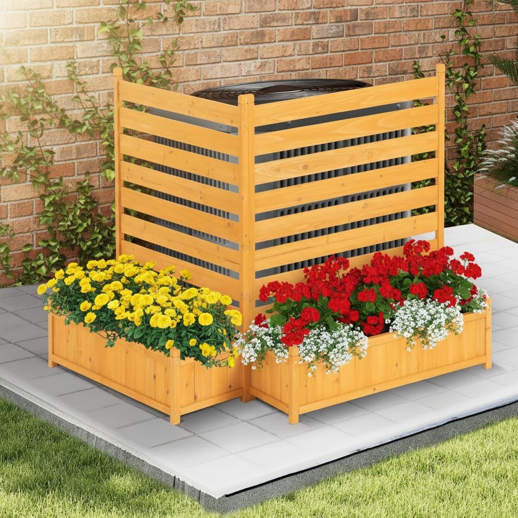 FORTUNO Outdoor Air Conditioner Fence Wood Privacy Screen with Planter Box for Trash Can Pool Equipment Garbage Can Enclosure No-Dig Kit, 2 Panels