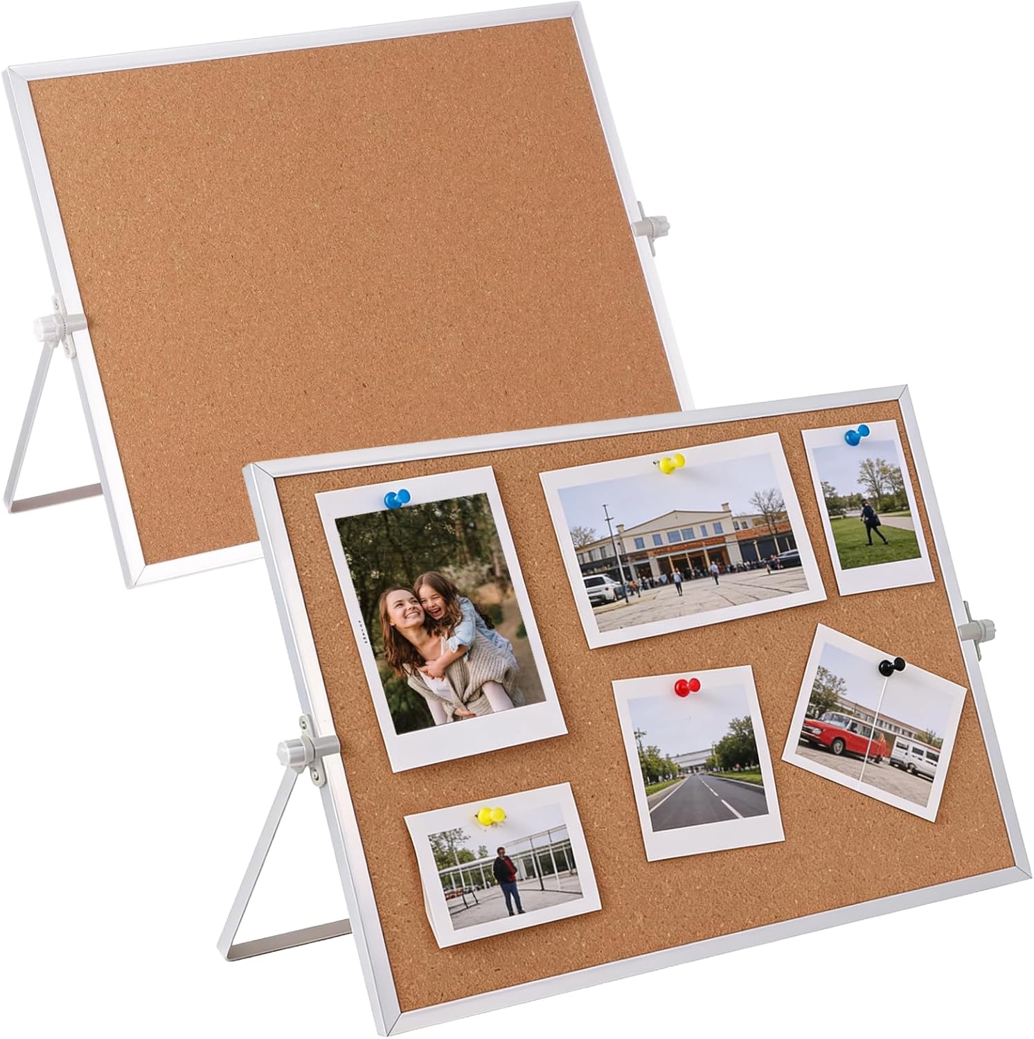 2 Pcs Cork Board, Desk Cork Bulletin Board for Home Office, Double-Sided Aluminum Hanging Bulletin Board Set, Includes 28 Push Pins, 15.75 x 11.81 in