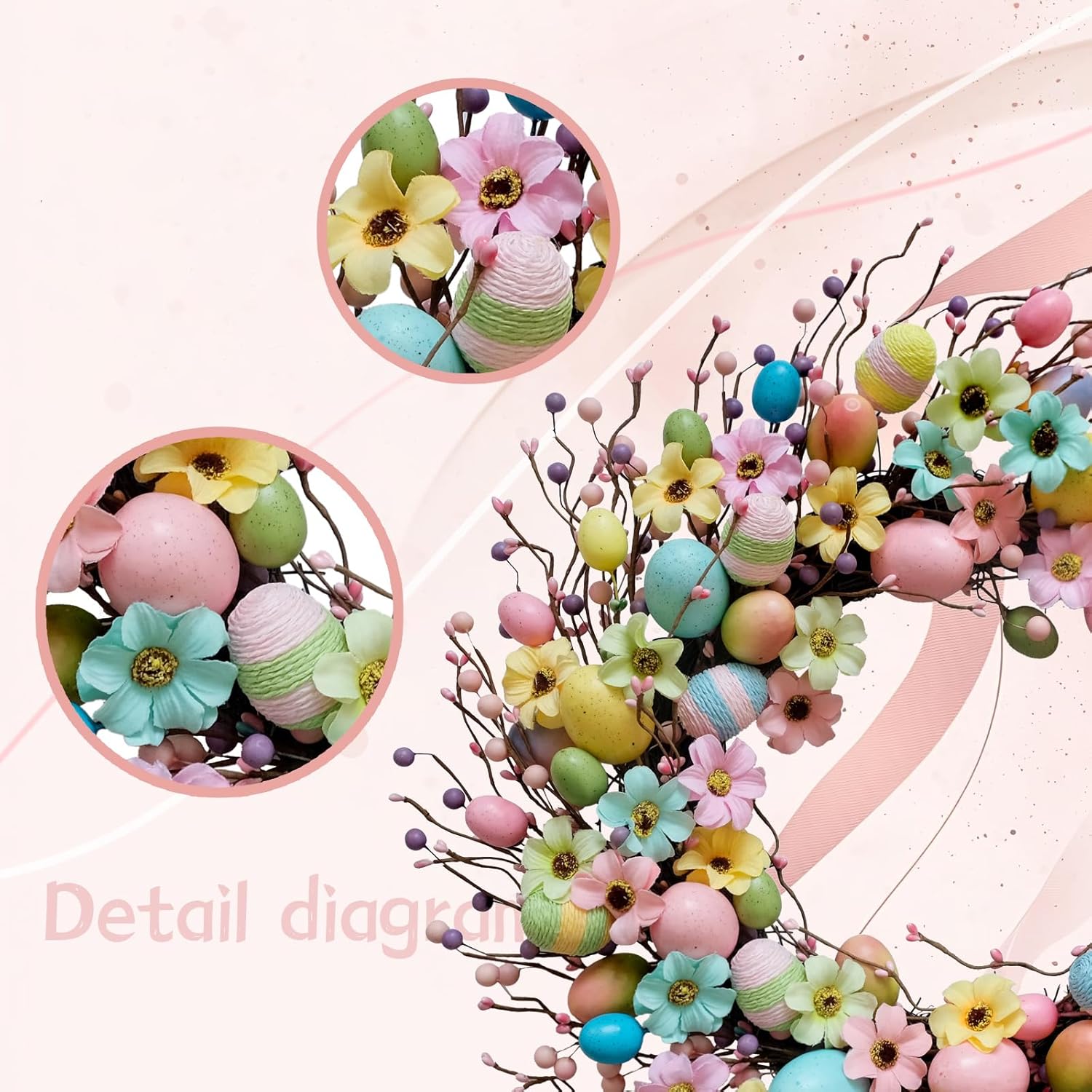 Easter Wreath 20 inch Spring Easter Artificial Eggs Flowers Berry Wreath Colorful Easter Front Door Decorated Wreaths for Holiday Celebrations Indoor Outdoor Home Decorated Wreaths