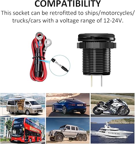 Miniatura 7 de 12V USB Outlet Qidoe 18W Carga rápida 3.0 y 20W PD con interruptor voltímetro cargador de aluminio para coche marino camión, motocicleta, barco