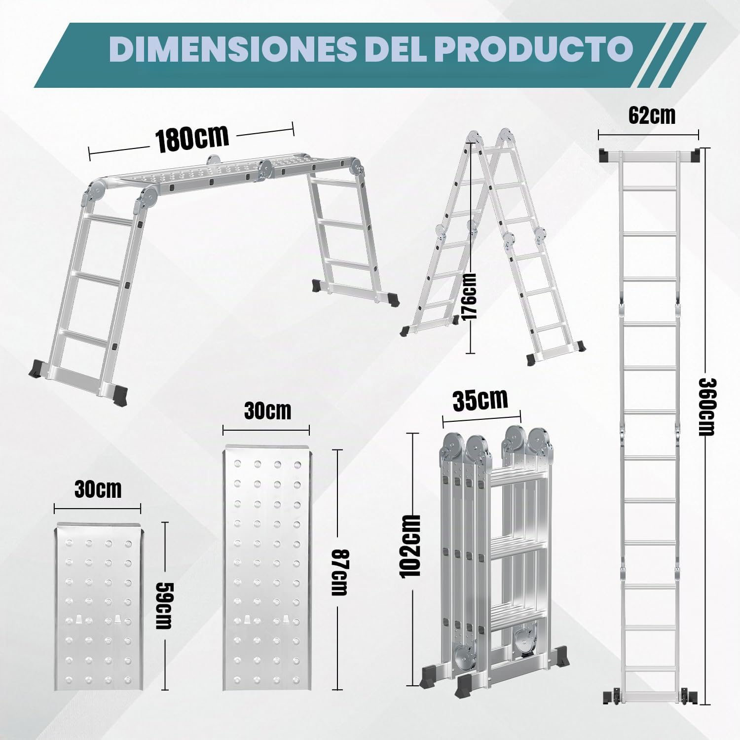 Escalera multiusos de aluminio de 3,6 m, 4 x 3 peldaños, escalera multifunción con plataforma, escalera de aluminio con 2 placas de andamio, escalera plegable de 16 peldaños, escalera de hasta