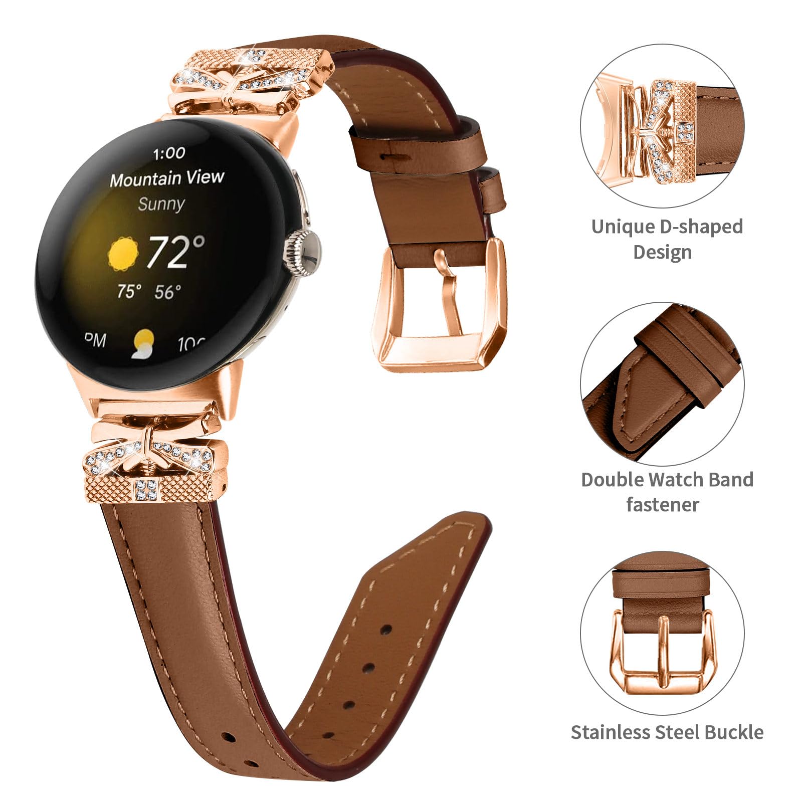 RuiRdot Compatible With Google Pixel 2 Watchband,Adjustable Genuine Leather Wrist Strap with Metal Buckle for Google Pixel watch 2022 /Google Pixel 2 watch 2023 (Brown)
