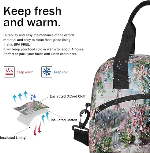 Miniatura 6 de bisibuy Bolsa de almuerzo con diseño de Torre Eiffel de París para mujer, con diseño de flores en acuarela, aislada, para oficina, reutilizable, con