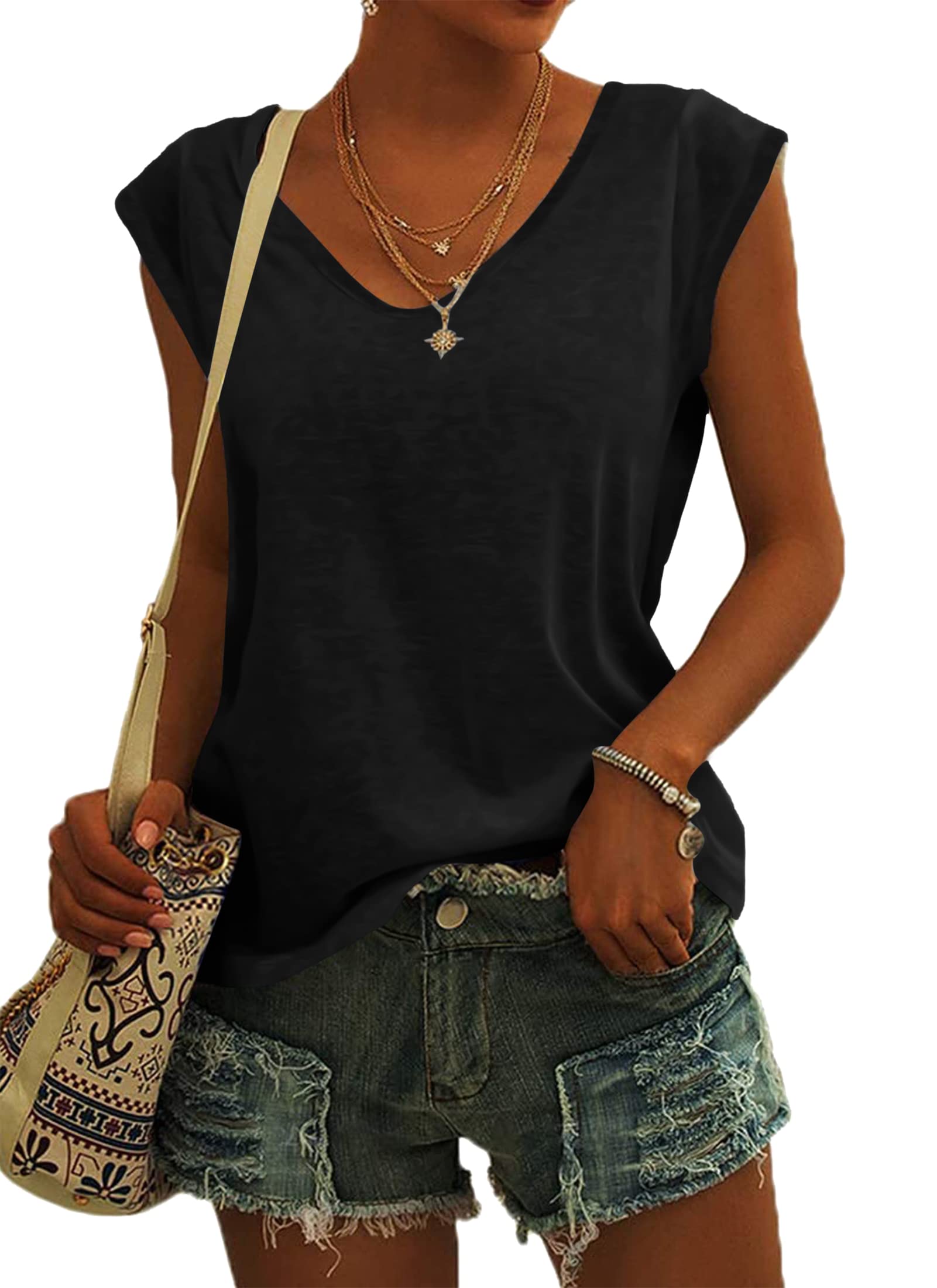 NARRAME Camiseta de Manga Casquillo para Mujer, Camiseta sin Mangas de Verano, Blusas holgadas Informales Simples