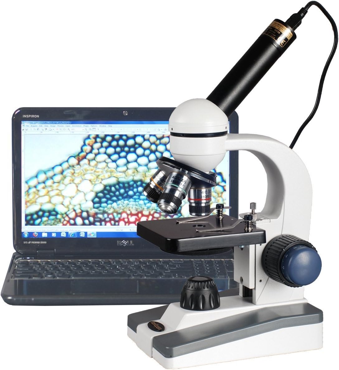 AmScope M150C-E Digital Compound Monocular Microscope, WF10x and WF25x Eyepieces, 40x-1000x Magnification, LED Illumination, Brightfield, Single-Lens Condenser + 0.3MP Camera