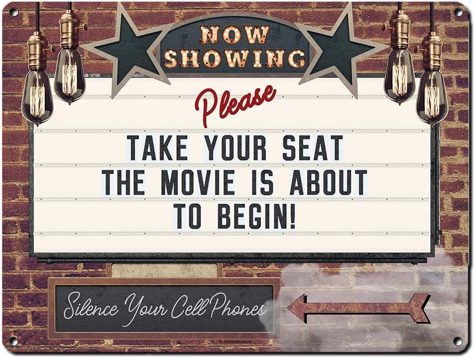 Now Showing Please Take Your Seat, 11.5 x 15.5 Inch Aluminum Sign, Vintage Style Home Theater Decor for Movie, Media, Cinema Room, Gifts for Movie Lovers, Actor, Actress, Screenwriter AL-1216-RK3078