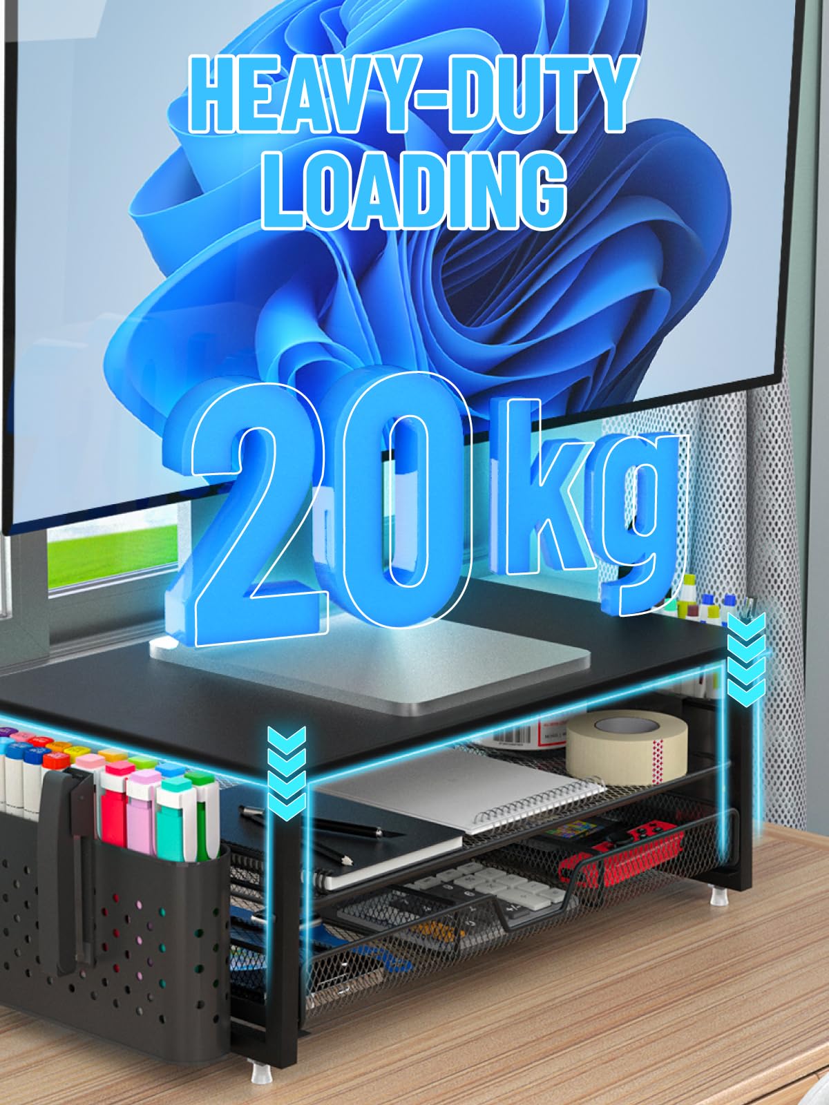 MOWETOO Soporte para monitor con 2 niveles, soporte para impresora, soporte para monitor con plataforma de rejilla, cajón y soporte para bolígrafos, adecuado para portátiles, ordenadores, PC — view 7