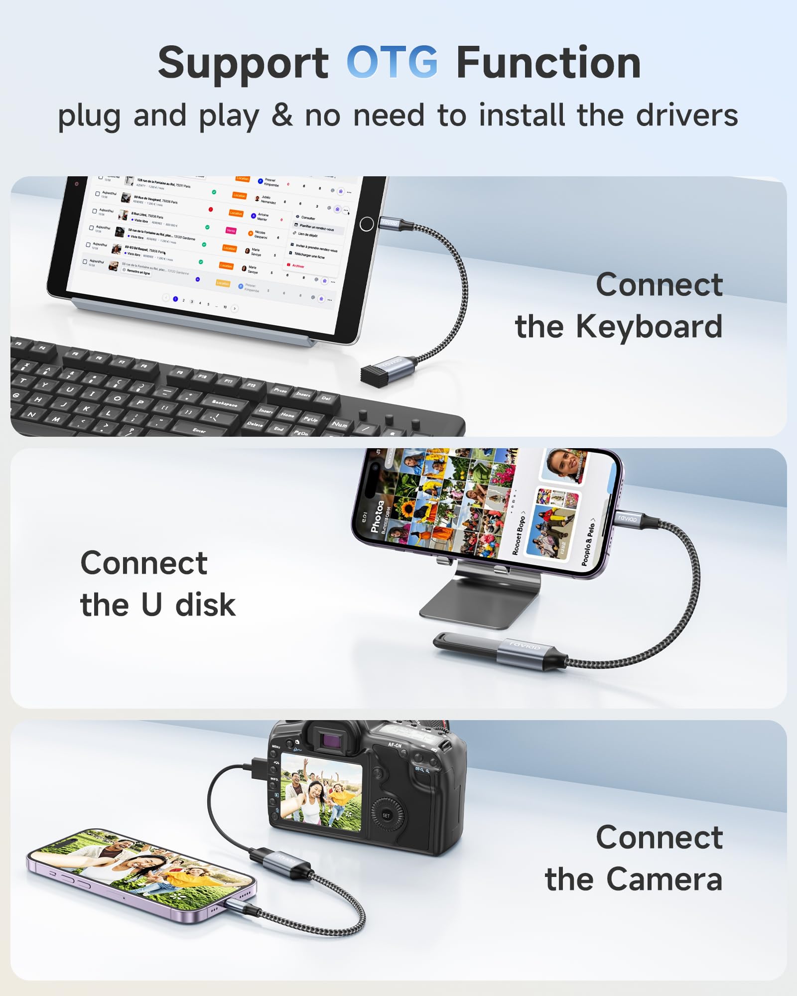 RAVIAD Adattatore Lightning a USB [Certificato MFi], Lightning a USB Adattatori Cavo OTG iOS per iPhone/i-Pad, Cavo USB3.0 Camera Adapter Supporta Hub, Mouse, Tastiera, Lettore di Schede - 4