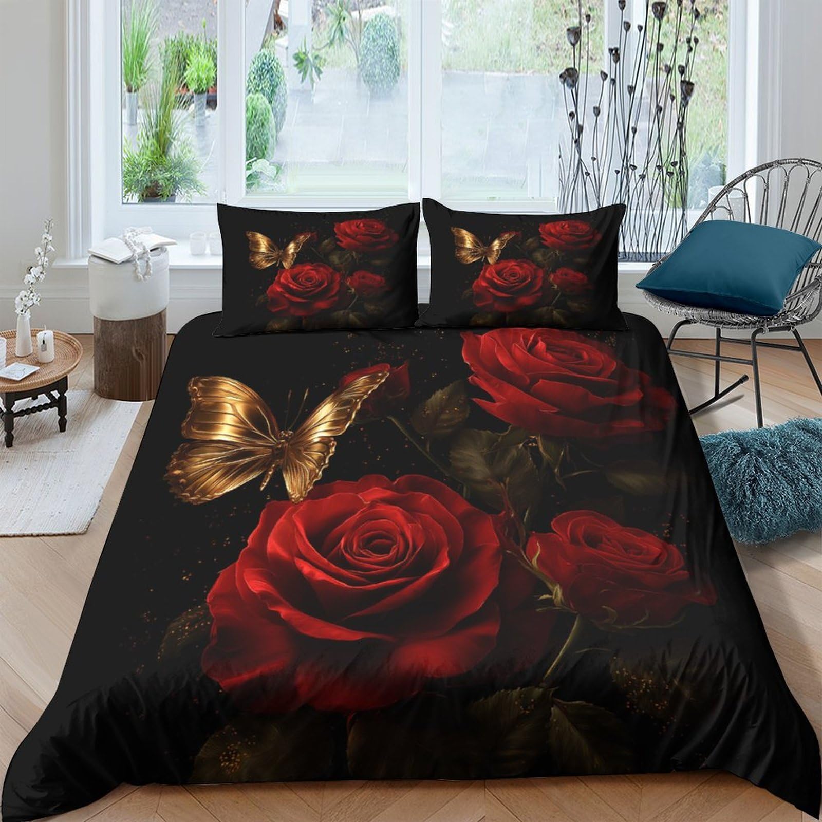 3D Printed Red roses Duvet Cover Brushed Microfiber Botanical art style Comforter Cover Stain Resistant Durable for Student Accommodation University Dorm Use Single（140x200cm）
