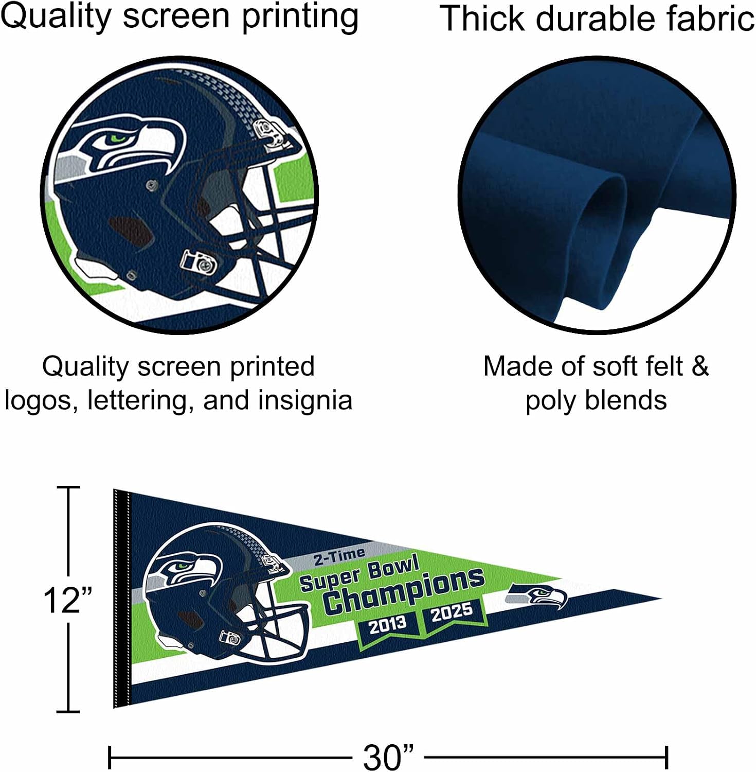 Seahawks Super Bowl LX and 2 Time Champions Full Size Large Pennant