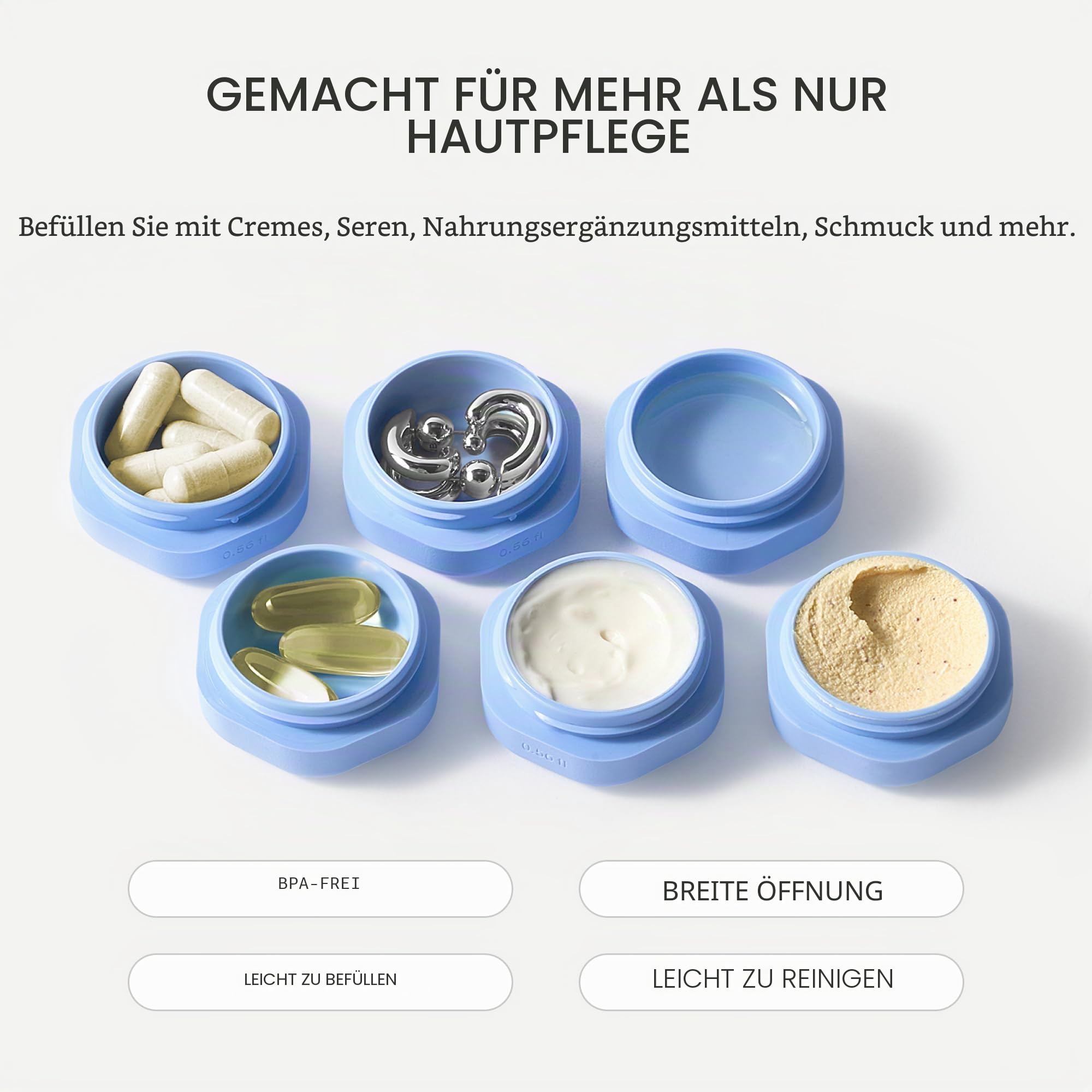 Cadence Reisebehälter - Hautpflege-Set - Magnetische Reisekapseln - Gesichtsreiniger, Feuchtigkeitscreme, Sonnencreme - 3 kleine Kapseln (0,5 Unzen) mit Reinigungsmittel,
