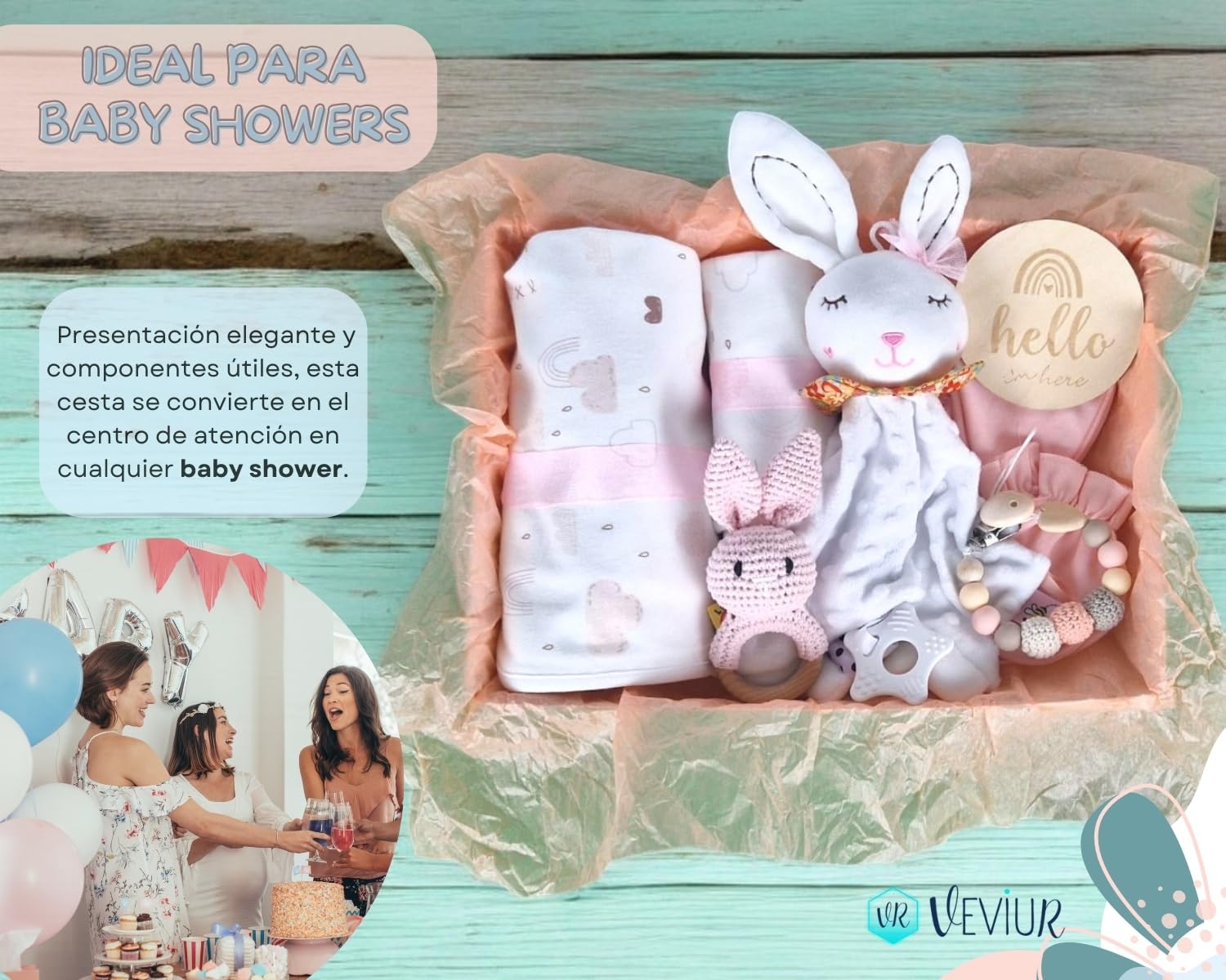 veviur Baby Gift Set, Newborn Gift, Baby Gift Girl and Boy - with Cuddly Toy, Rattle, Dummy Holder, Blanket and Bib - Image 4