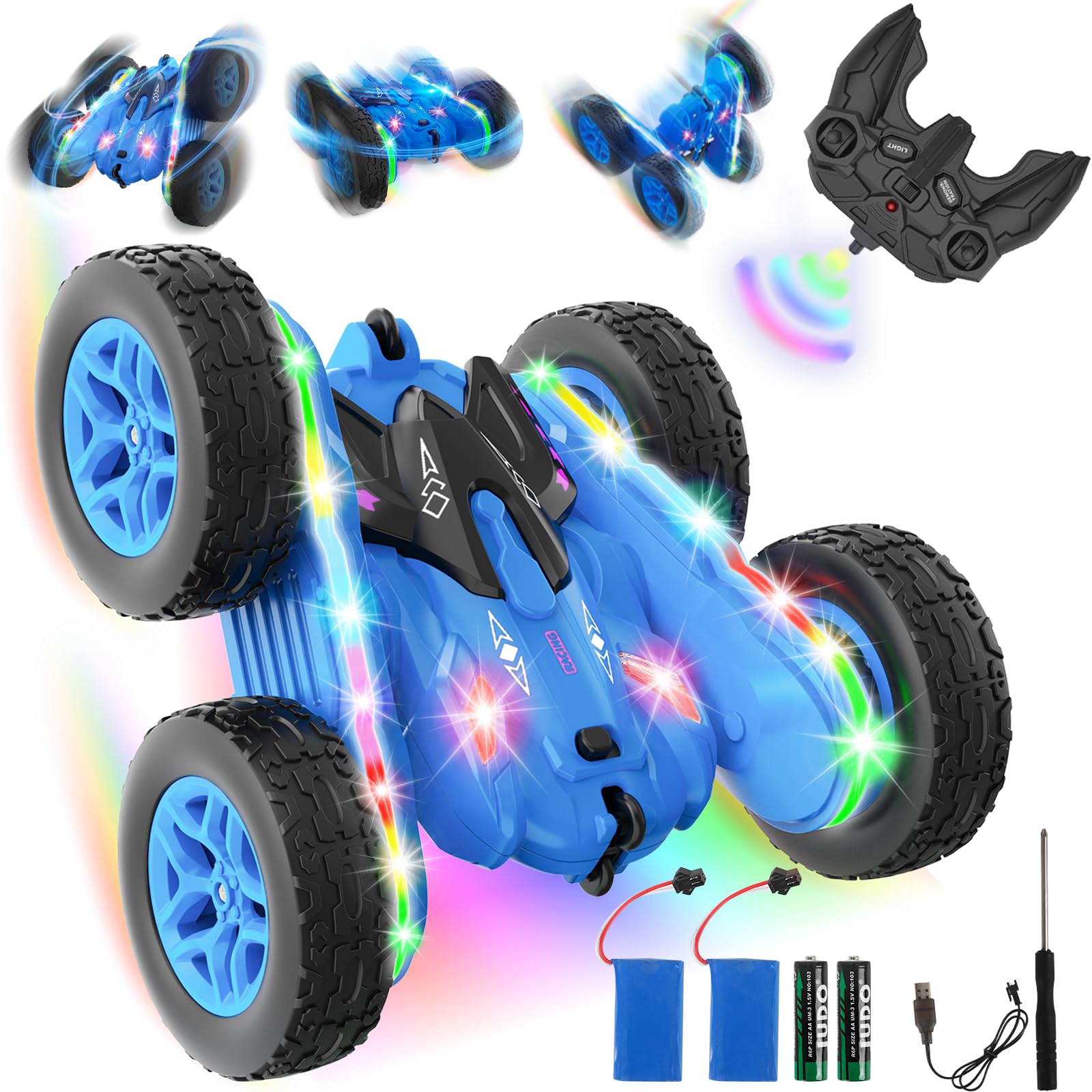 AIUNAOM Macchina Telecomandata per Bambini con Luci a Cingolo in Sette Colori 4WD Auto Macchine Radiocomandata 360℃ Rotazione Acrobatica 2.4Ghz RC Stunt Car 3-10 Anni Maschio Regalo di Compleanno