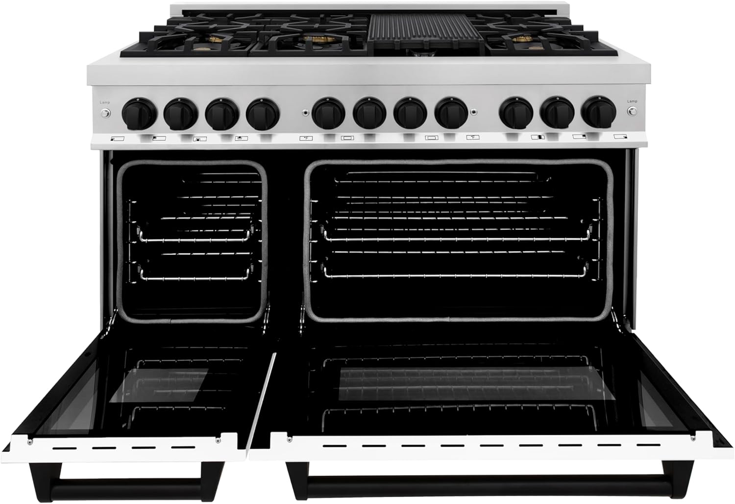 ZLINE Autograph Edition 48 in. 6.0 cu. ft. Legacy Dual Fuel Range with 7 Burner Gas Cooktop and 2 Electric Ovens in Stainless Steel with White Matte Doors and Matte Black Accents (RAZ-WM-48-MB)