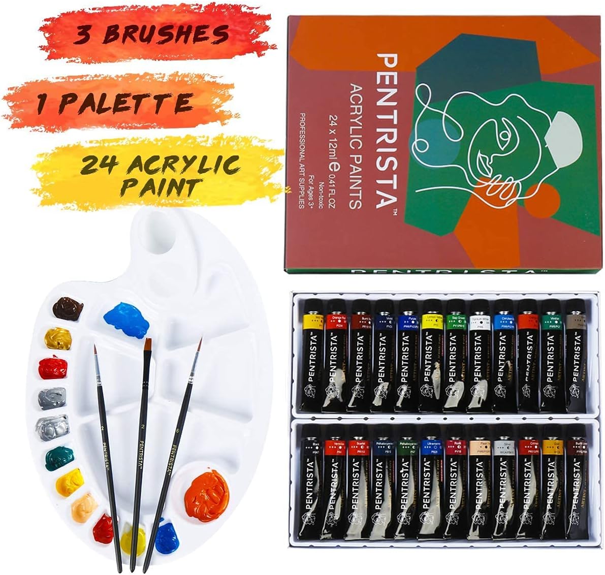 Professional Acrylic Paint Sets, 24 Colors 12ml/0.41 fl.oz Art Paint Tubes with 3pcs Brush + Palette,Heavy Body Acrylic Paints for Artists Adults,Beginners on Canvas Rocks Wood Fabric Craft
