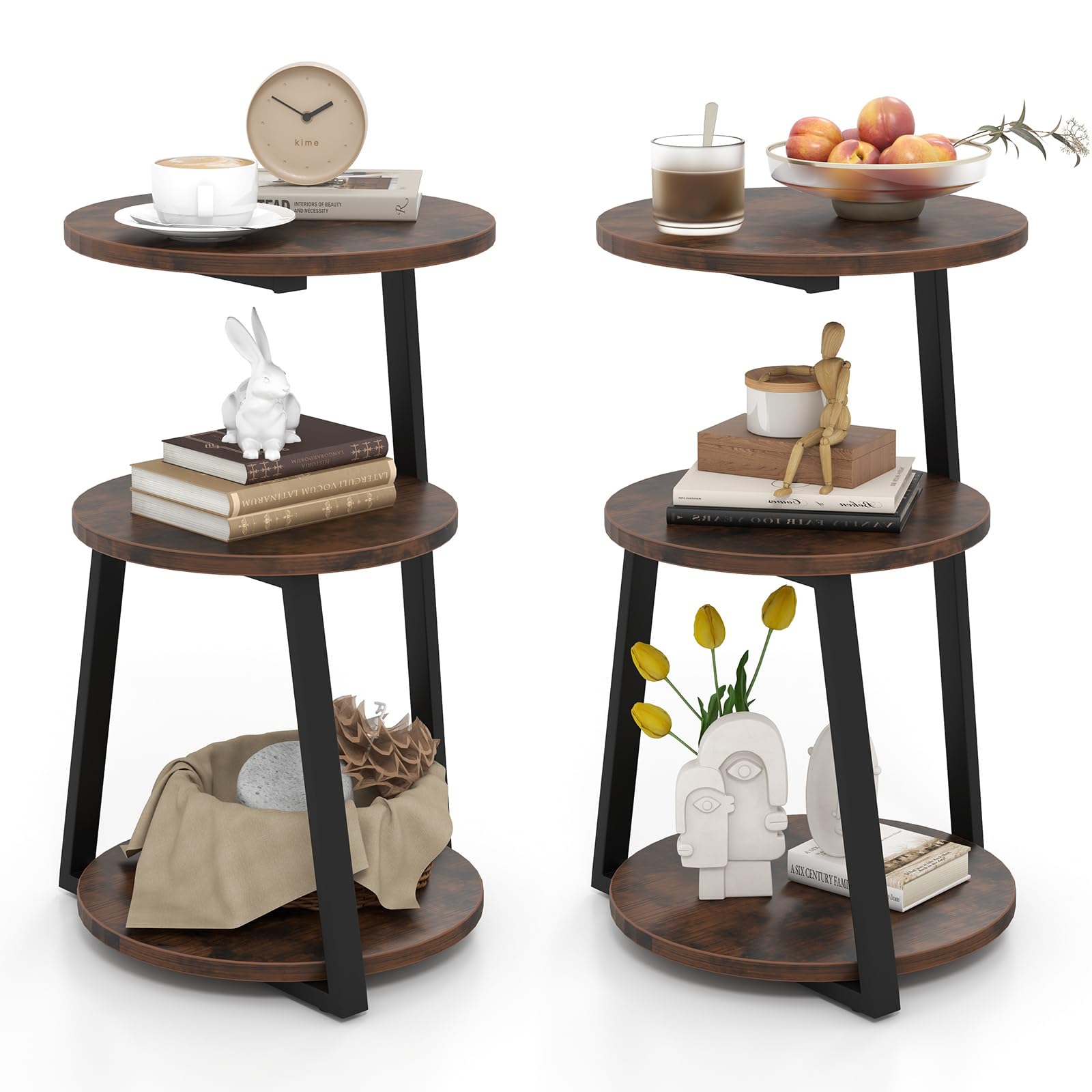 Giantex Round End Table Set of 2, Industrial Side Table with Sturdy Metal Frame, Coffee Table, 3-Tier Bedside Table for Bedroom, Living Room, Couch,