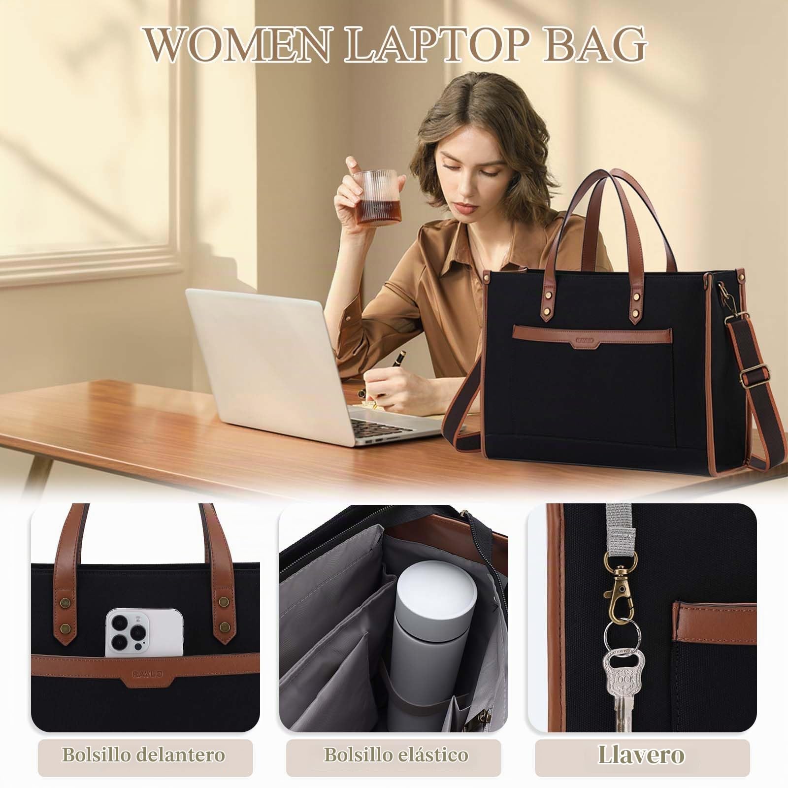 RAVUO Bolso Grande Mujer,Bolsos Universidad para Portatil 15.6 Pulgadas Bolsa Ordenador de Lona Shopper Tote Bag con Correa Ajustable para Oficina Trabajo