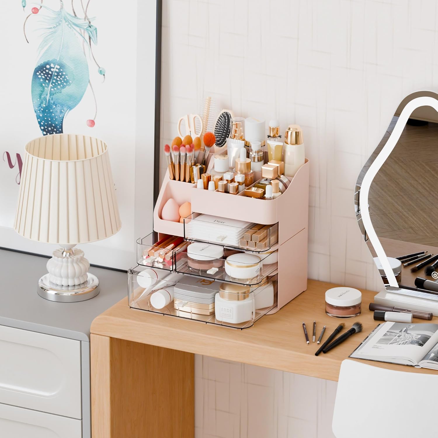 Yieach Pink Makeup Organizer Countertop With 4 Drawers,Large Cosmetics Storage Organizer for Brush,Hair Products,Plastic Makeup Holders and Beauty Skincare Organizers for Bathroom,Vanity,Dresser Top