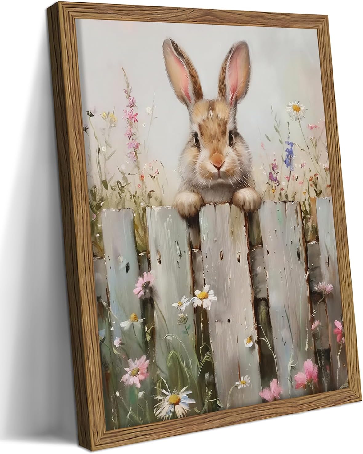 Framed Easter Bunny Wall Art, Cute Rabbit on Wooden Fence Poster Prints, Vintage Cottage Farmhouse Canvas Artwork, Rustic Easter Holiday Wall Decor for Kids Room Girls Bedroom Living Room 12x16in