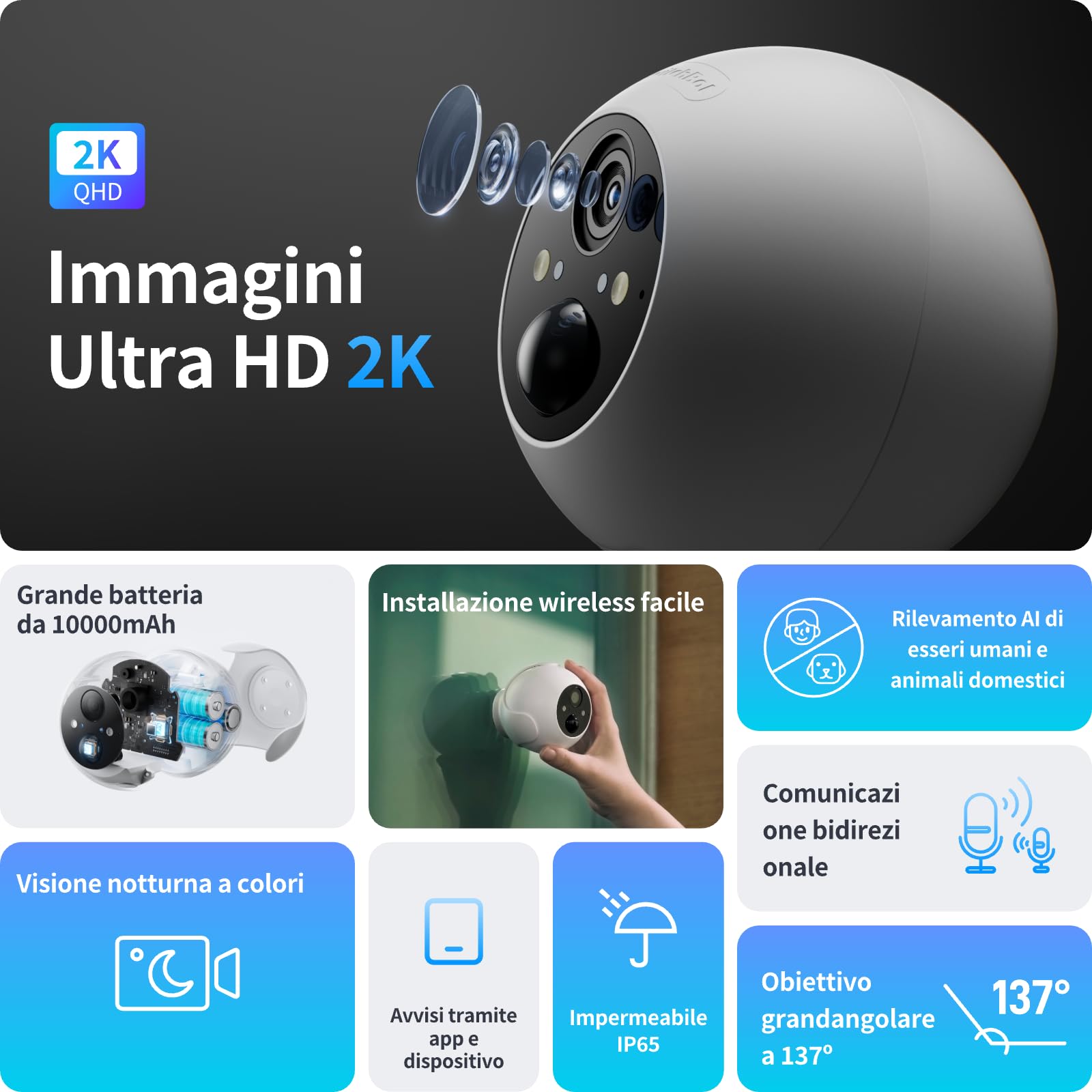 SwitchBot Telecamera di sicurezza wireless 2K, impermeabile per esterni con funzionamento a batteria da 10000 mAh, visione notturna a colori