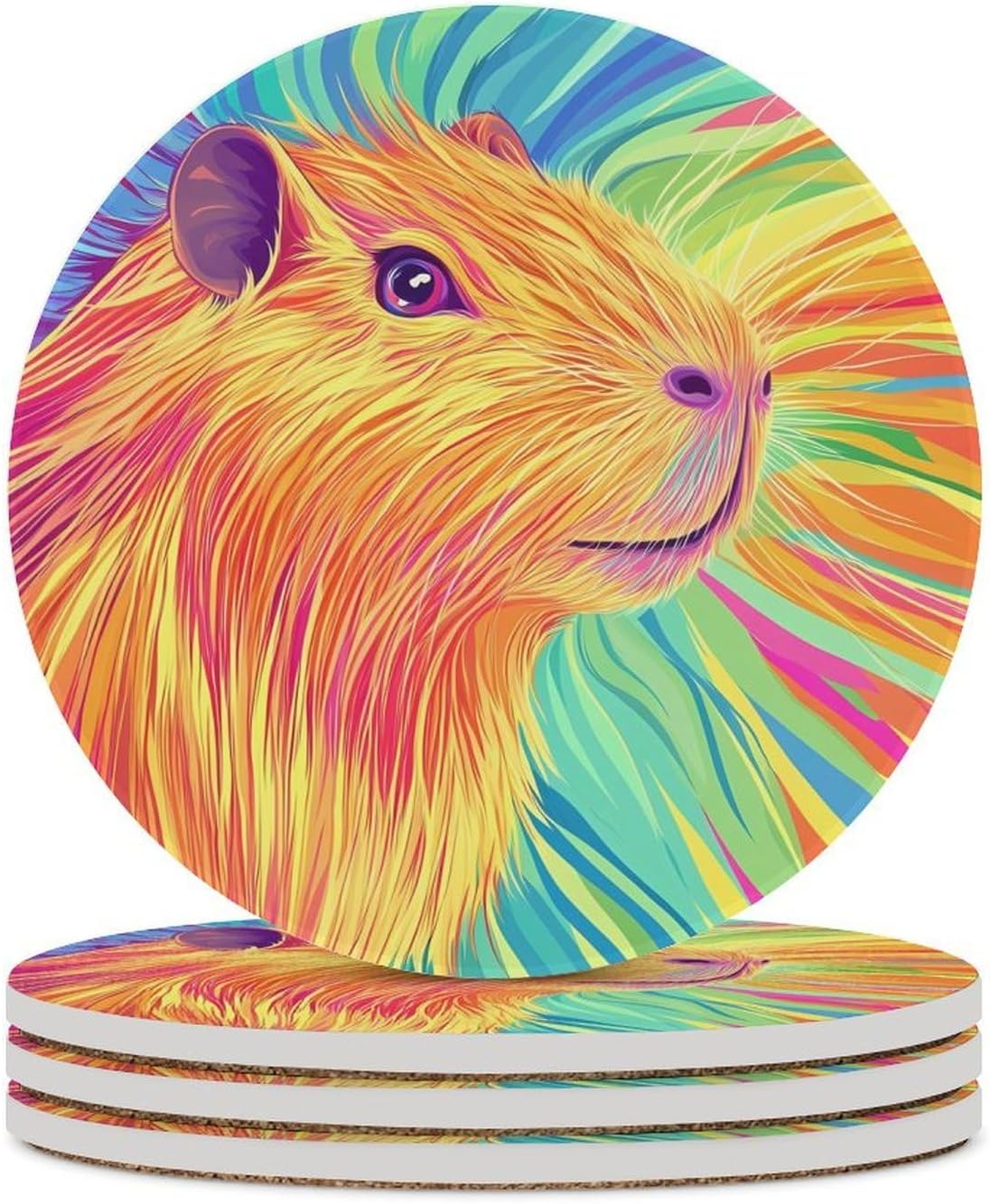 Capybara Colorful Round Ceramic Coasters Print Drinks Absorbent with Cork Base for Home Decor Gifts 4 Inch