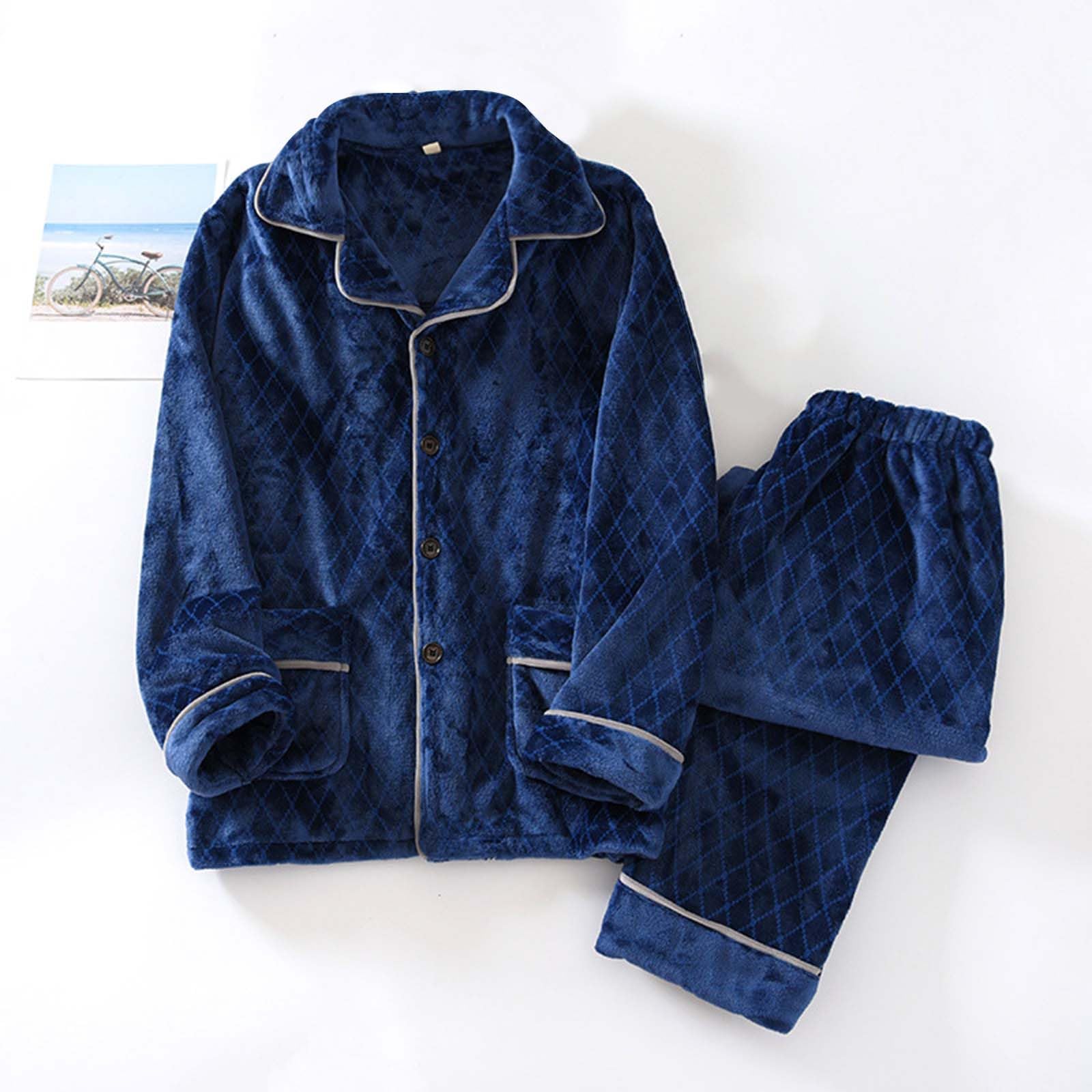 Generisch Pigiama da donna a quadri, bordo a contrasto, biancheria da notte, caldo inverno, con tasche e bottone e pantaloni lunghi, soffici, comodi e spessi