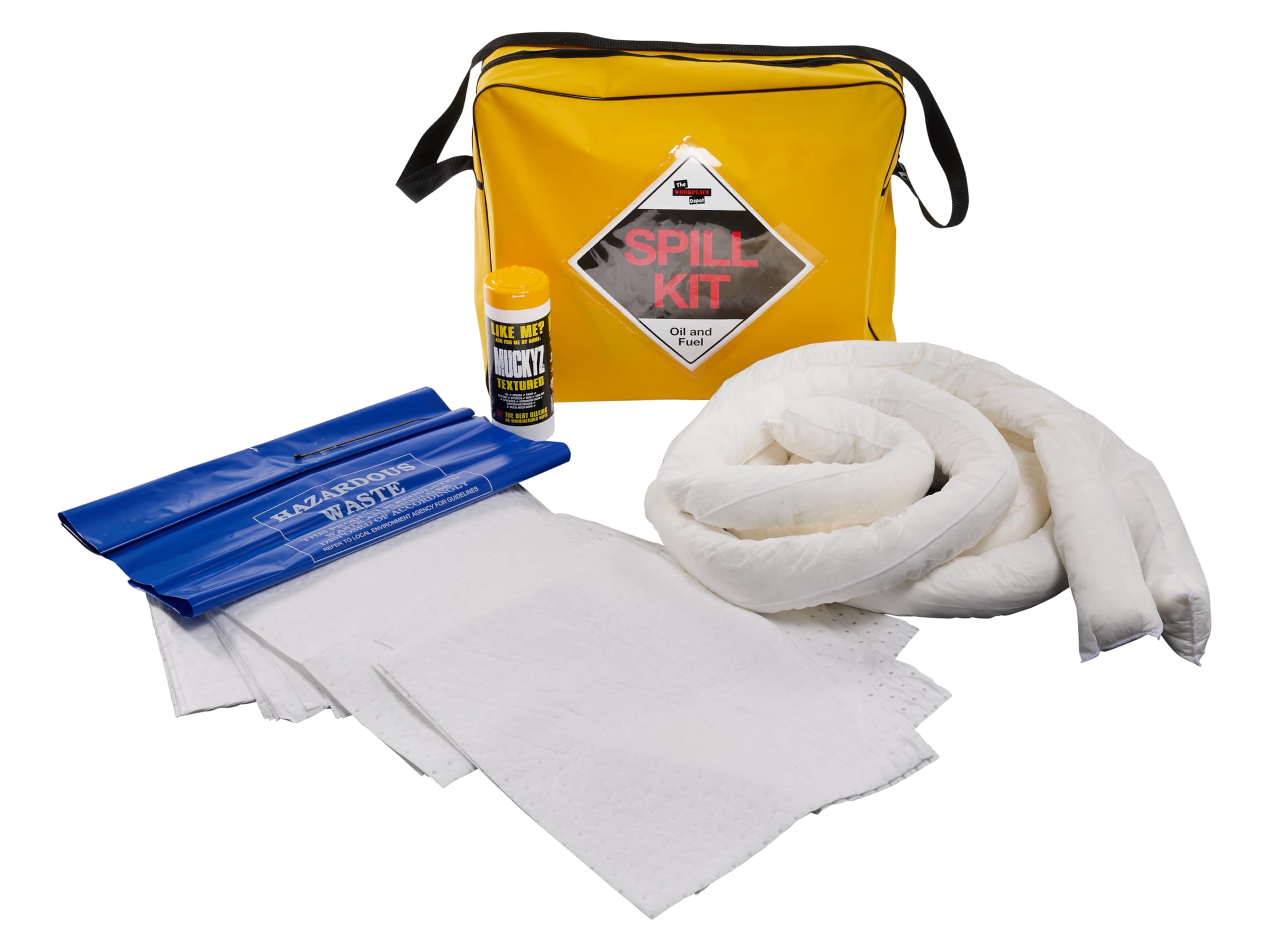 Oil & Fuel Spill Kits with Absorbent Socks, Pads & Disposable Waste Bags for Indoor/Outdoor Use (50L)