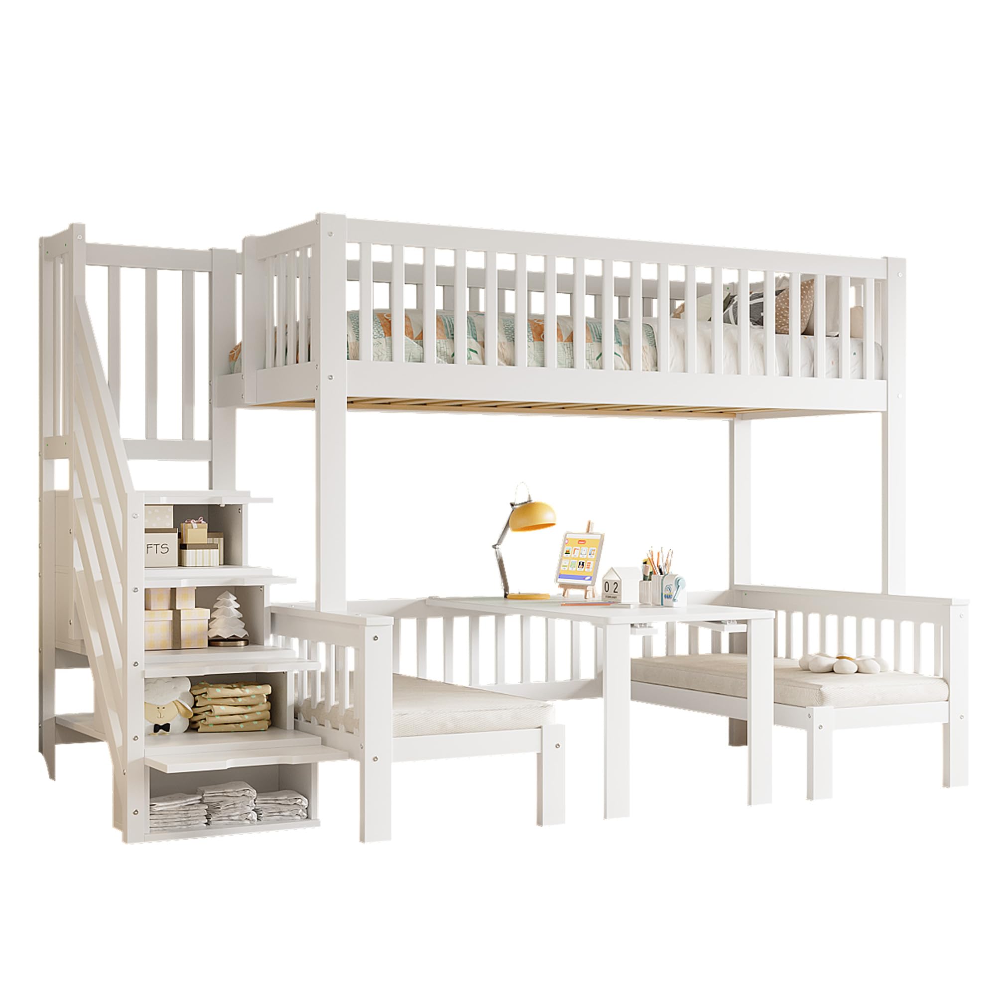 Azkoeesy Kinderbett Etagenbett mit Treppe und Stauraum, 90x200 + 120x200 cm, umbaubar in Sofa und Schreibtisch, Multifunktionales Hochbett für 2 Erwachsene und Jugendliche, Kiefernholz, weiß