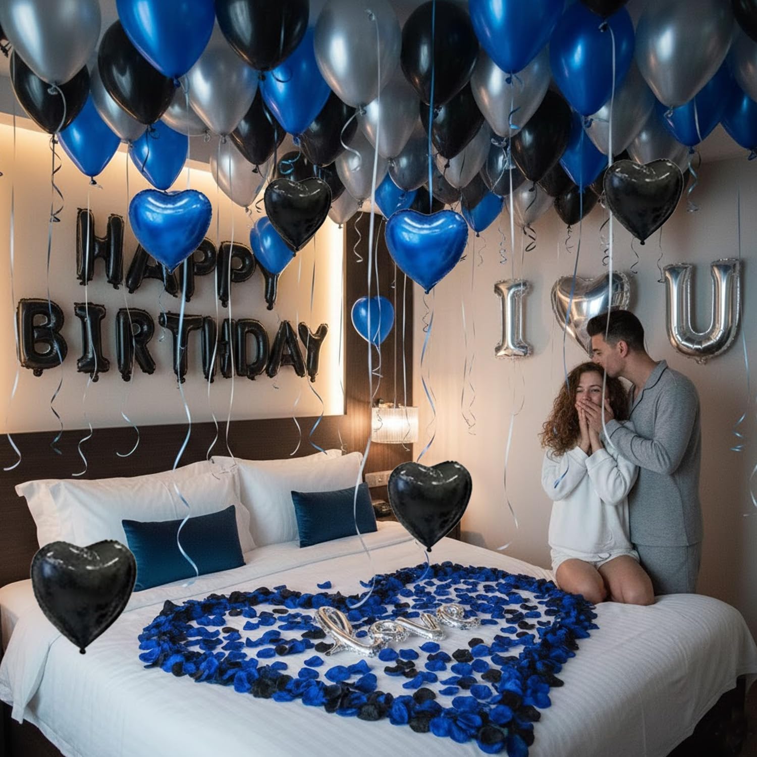 Blue Black Silver Balloons with I LOVE YOU & HAPPY BIRTHDAY Foil Balloons & Rose Petals for Romantic Special Night, Anniversary, Valentine Day, Birthday Decorations for Him, Bedroom, Hotel Room