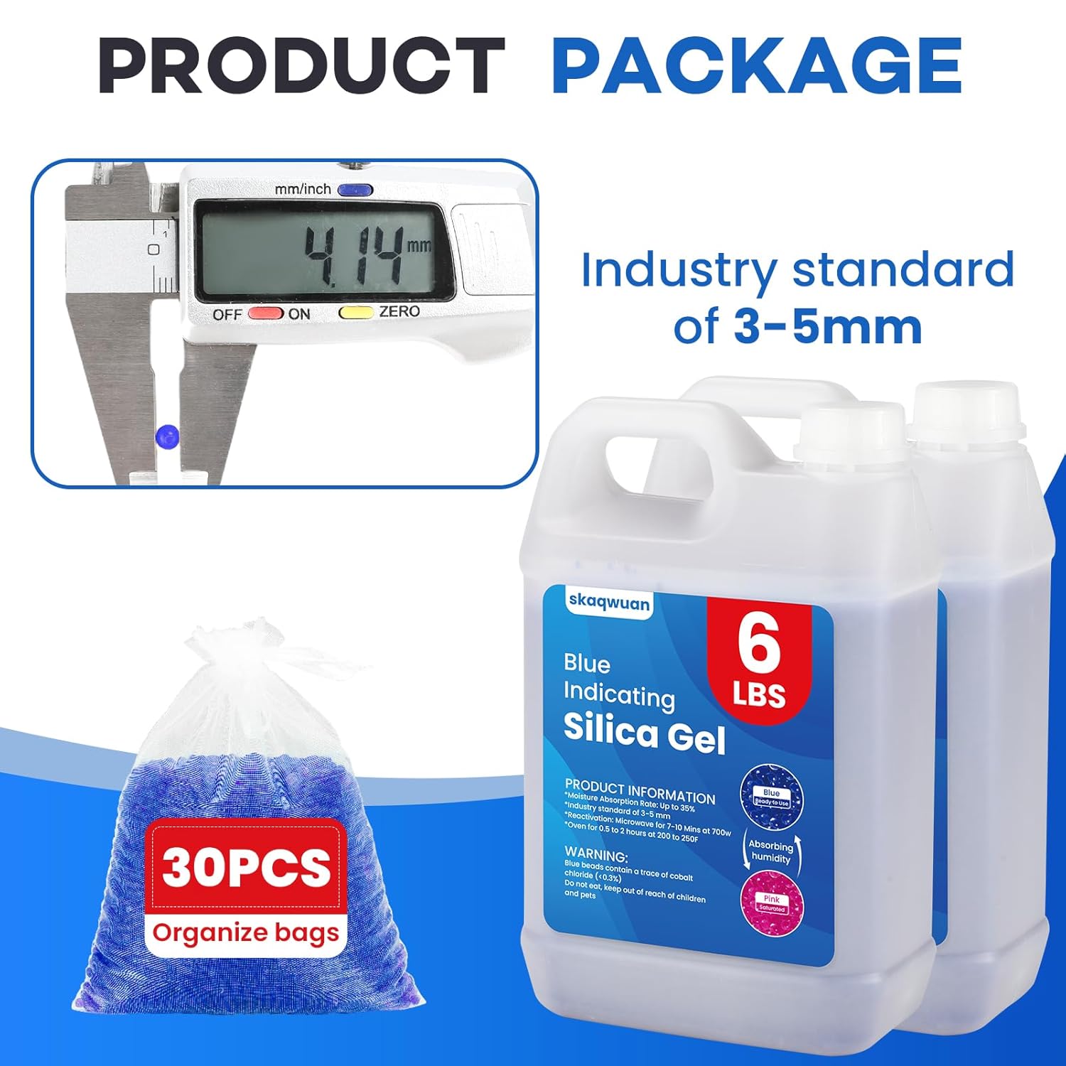 12 LBS Blue Indicating Silica Gel Desiccant Beads, Industry Standard 3-5mm Reusable Desiccant, for 3D Printer Electronics Camera Jewelry Paintings (30PCS Organza Bag)