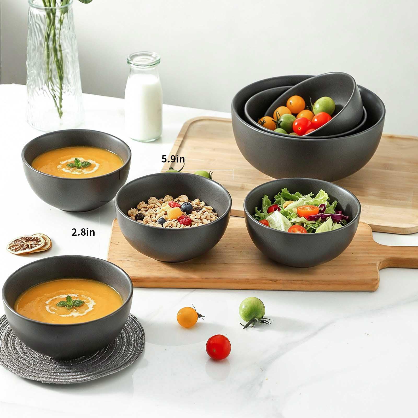 Juego de 4 cuencos de sopa para cereales de 24 onzas, juego de cuencos de cerámica para ensalada, fruta, ramen, postre, cuencos de gres para decoración de cocina, aptos para lavavajillas y