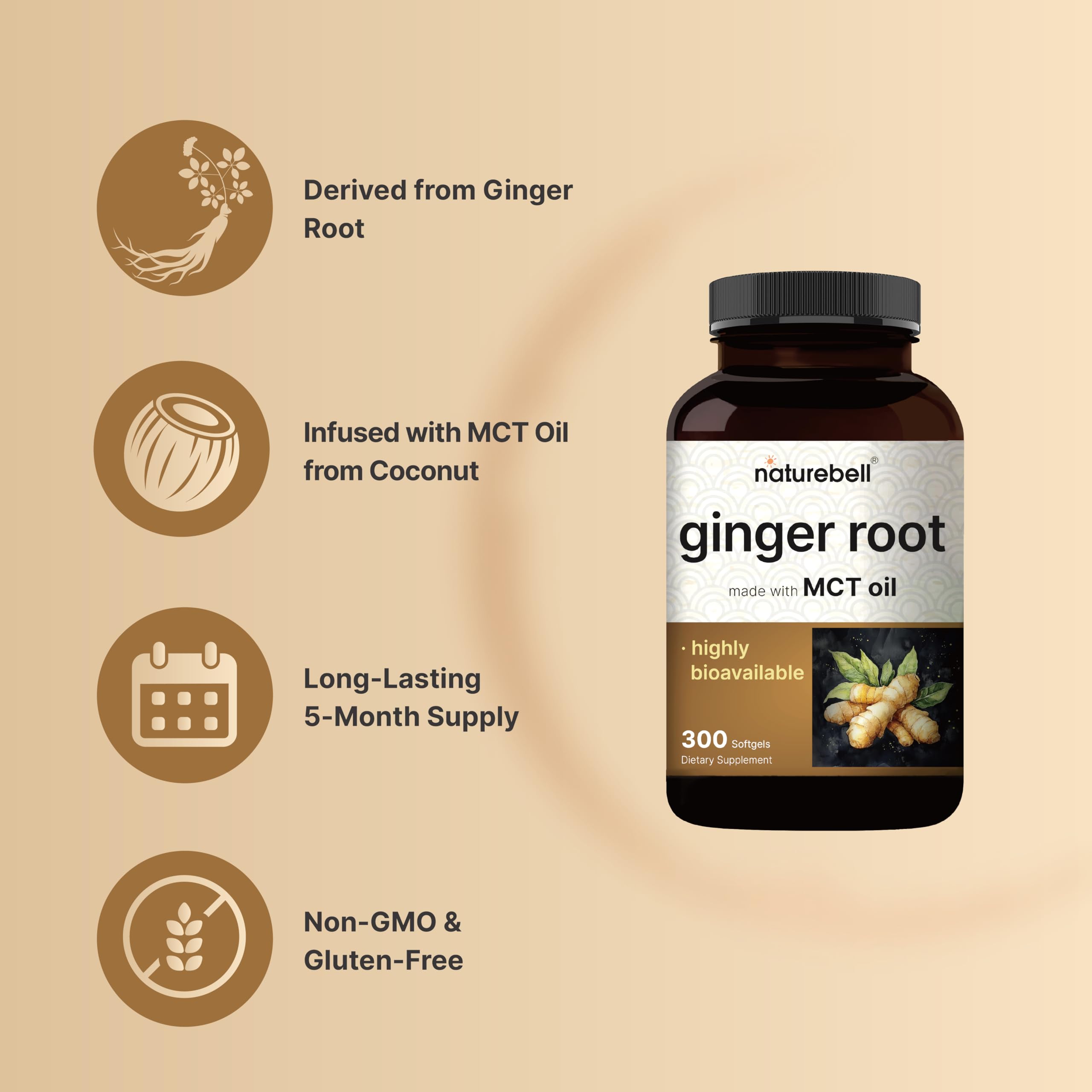 NatureBell Ginger Root Extract with MCT Oil – 300 Softgels | Ginger Supplement for Daily Use | 5-Month Supply | Non-GMO, Gluten Free — Amazon image 3