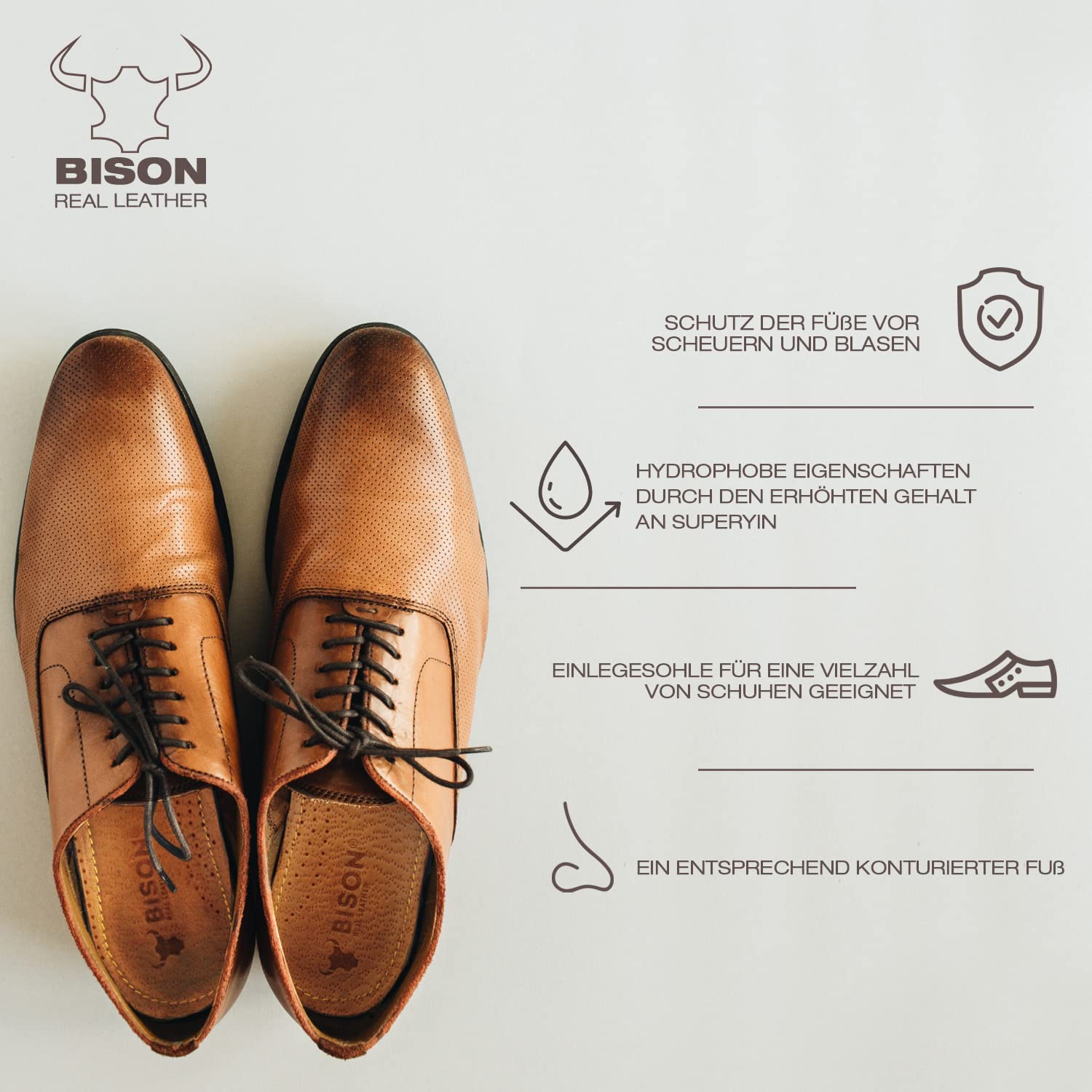 BISON Semelles Chaussures Confort 3 Paires - Semelle Cuir avec Liège - Anti Odeur et Transpiration Homme Femme (41/42, Beige)