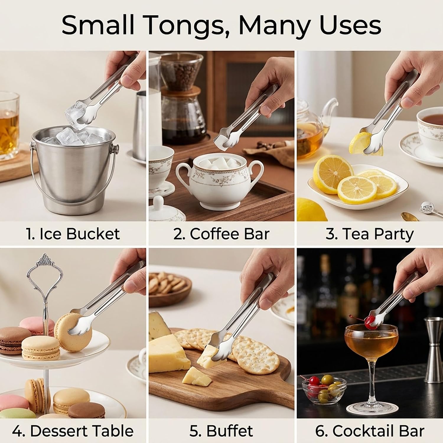 6-Piece Stainless Steel Ice Tongs Set, 4.33" Mini Serving Tongs for Ice