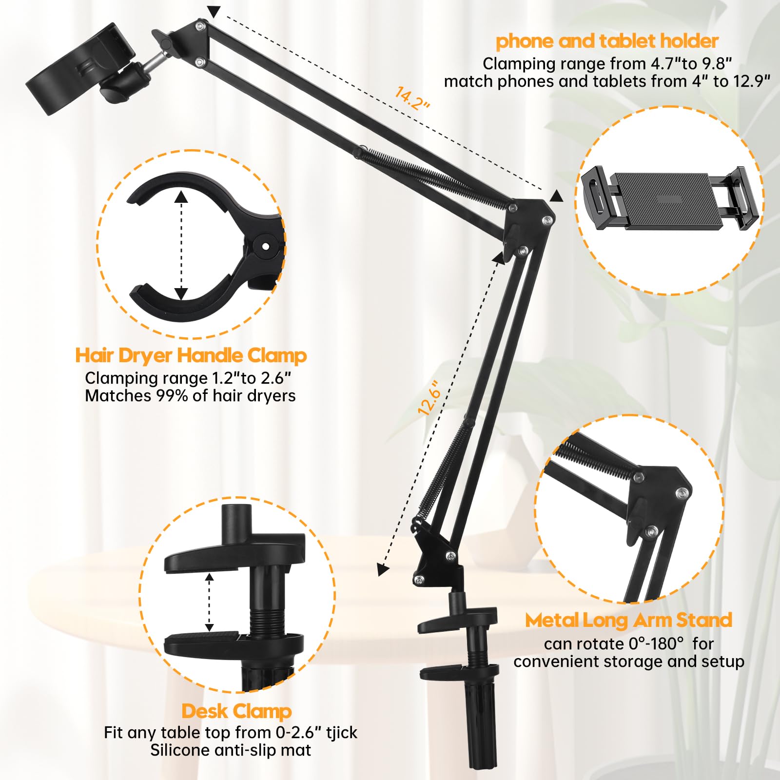 Black Dog Hair Dryer Holder - 360° Rotating Hands-Free Stand with Adjustable Clamp for Blow Dryers,3-in-1 Holder for Pet Hair Dryer, Tablet, and Phone Holder,Flexible, Sturdy, Safe