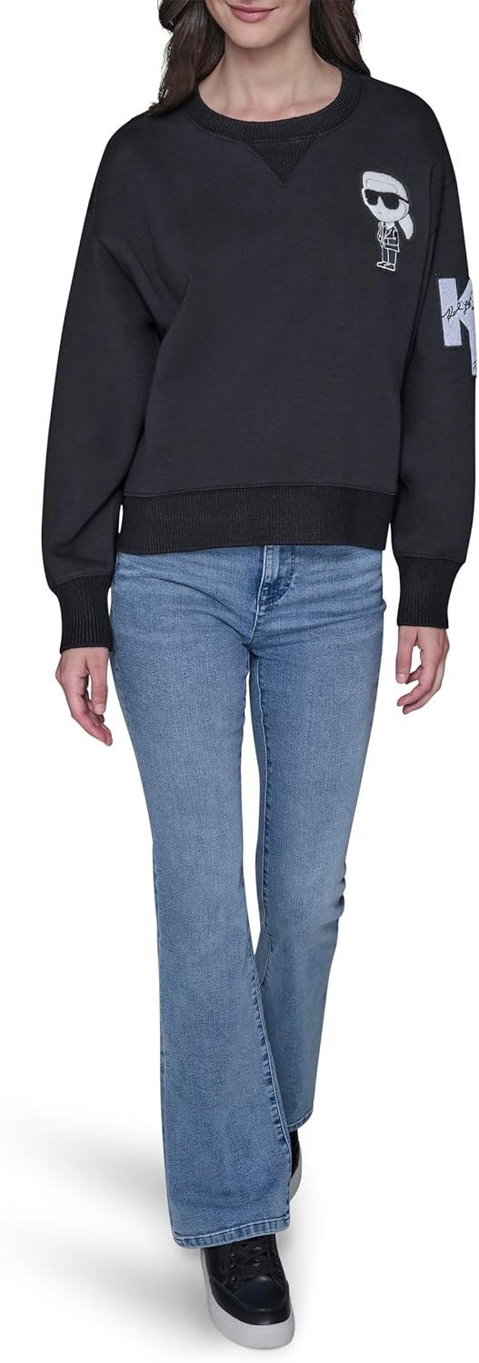 KARL LAGERFELD womens Long Sleeve Crew Neck Karl Patch Fleece Sweatshirt - Image 2