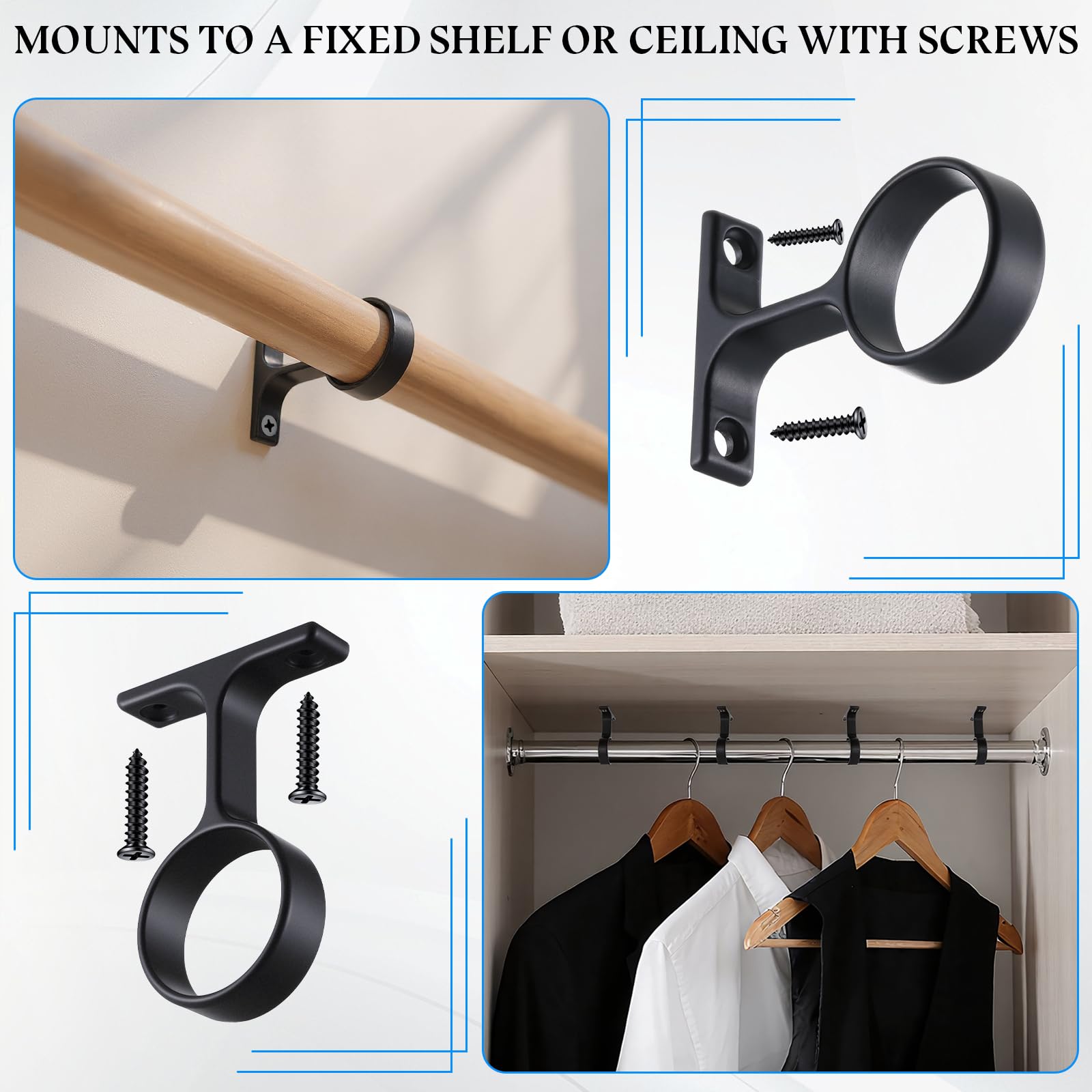 LEIFIDE Lot de 4 tringles rondes de 4,8 cm de diamètre pour penderie, support central suspendu avec vis d'installation, tringle à rideau, support de plafond pour armoire de maison (noir)