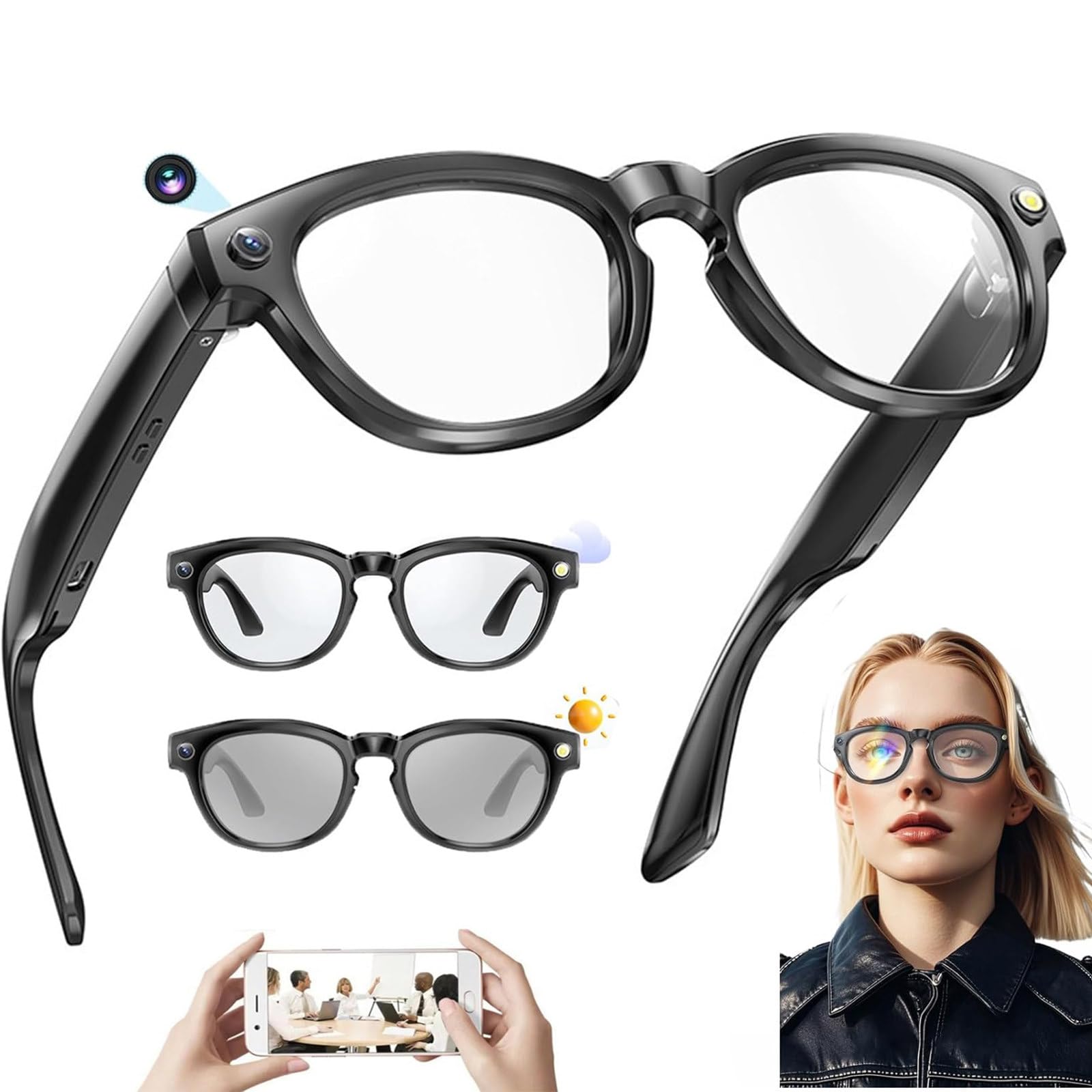 Occhiali intelligenti Ai, occhiali Bluetooth con fotocamera HD, supportano riprese AI + chiamate + riproduzione musicale, contapassi sincronizzato tramite app