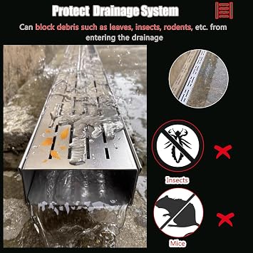 2in Narrow Drain Trench Outdoor Metal, Well Sewerage Channel Drainage with Grate Cover for Houseside Landscape Farm, Stainless Steel Paver Grille Drain Kit(Silver)