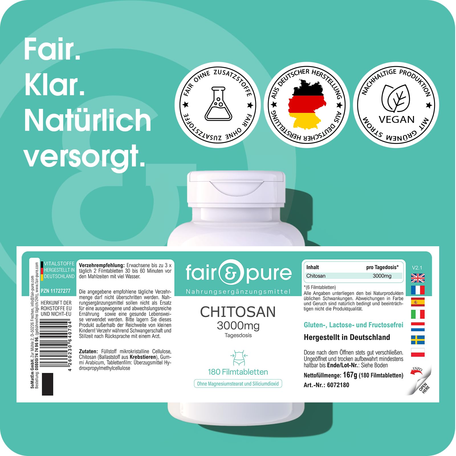 Fair & Pure Chitosan 3000mg Tagesdosis, 180 Filmtabletten, natürlicher Ballaststoff, Nahrungsergänzungsmittel ohne Magnesiumstearat, in Deutschland hergestellt