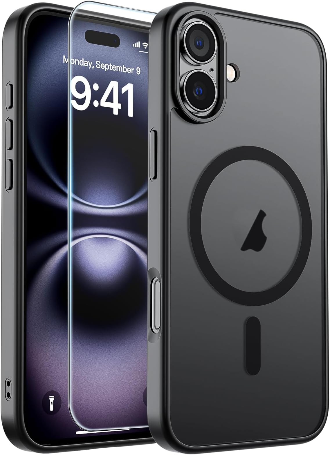 SUPFINE Magnetic for iPhone 16 Case with Screen Protector (Compatible with MagSafe)(Military Grade Drop Protection) Translucent Matte Phone Cover,Black