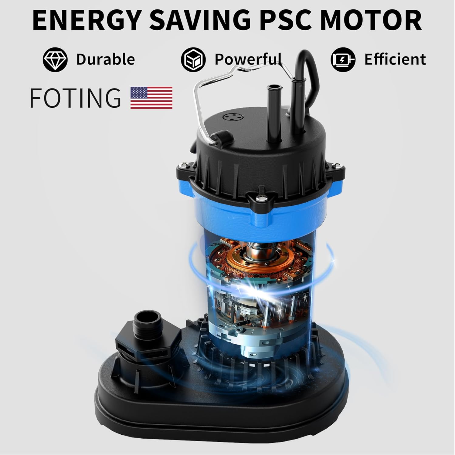 FOTING 3/4HP Submersible Sump Pump,4500 GPH Cast Iron Sewage/Effluent Pump,Automatic Tethered Float Switch,Septic Pump for Basement,Septic Tank,Basin,Sewage Well,1-1/2" NPT Discharge, Blue