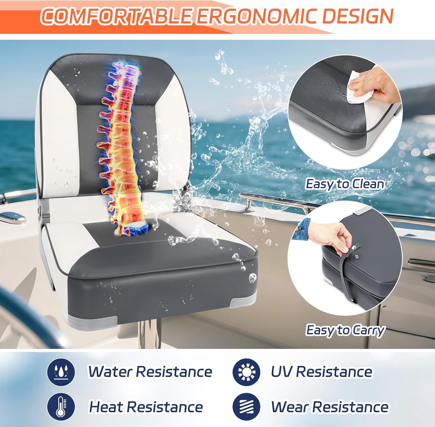 Lot de 2 sièges de bateau pliables imperméables pour pêche à la pêche, convient pour Jon/Ponton/canoë/Bass Tracker-Bootssitze - Design unique de couleur (gris/blanc)