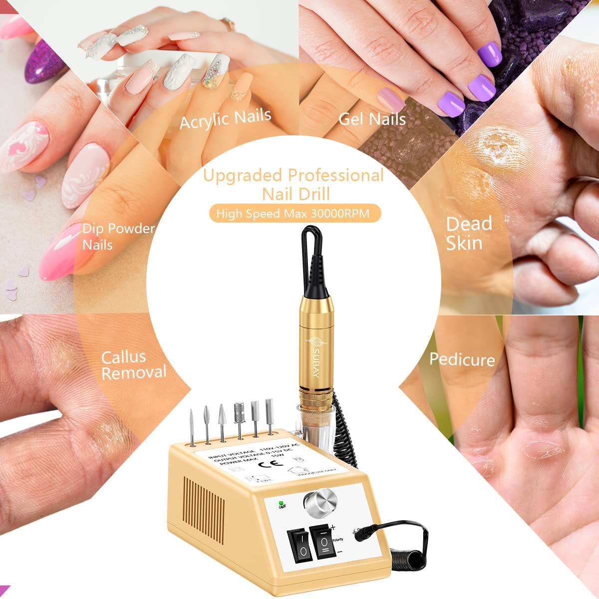 Amazon.com: Subay Professional Electric Nail Drill Machine, 30,000RPM  Electrical Nail Efile Kit for Acrylic Nails, Manicure Pedicure Tools, Nail  Art Drill Bits Set 6PCS 3/32inch, Sanding Bands 300PCS #80#120#180 : Beauty  &
