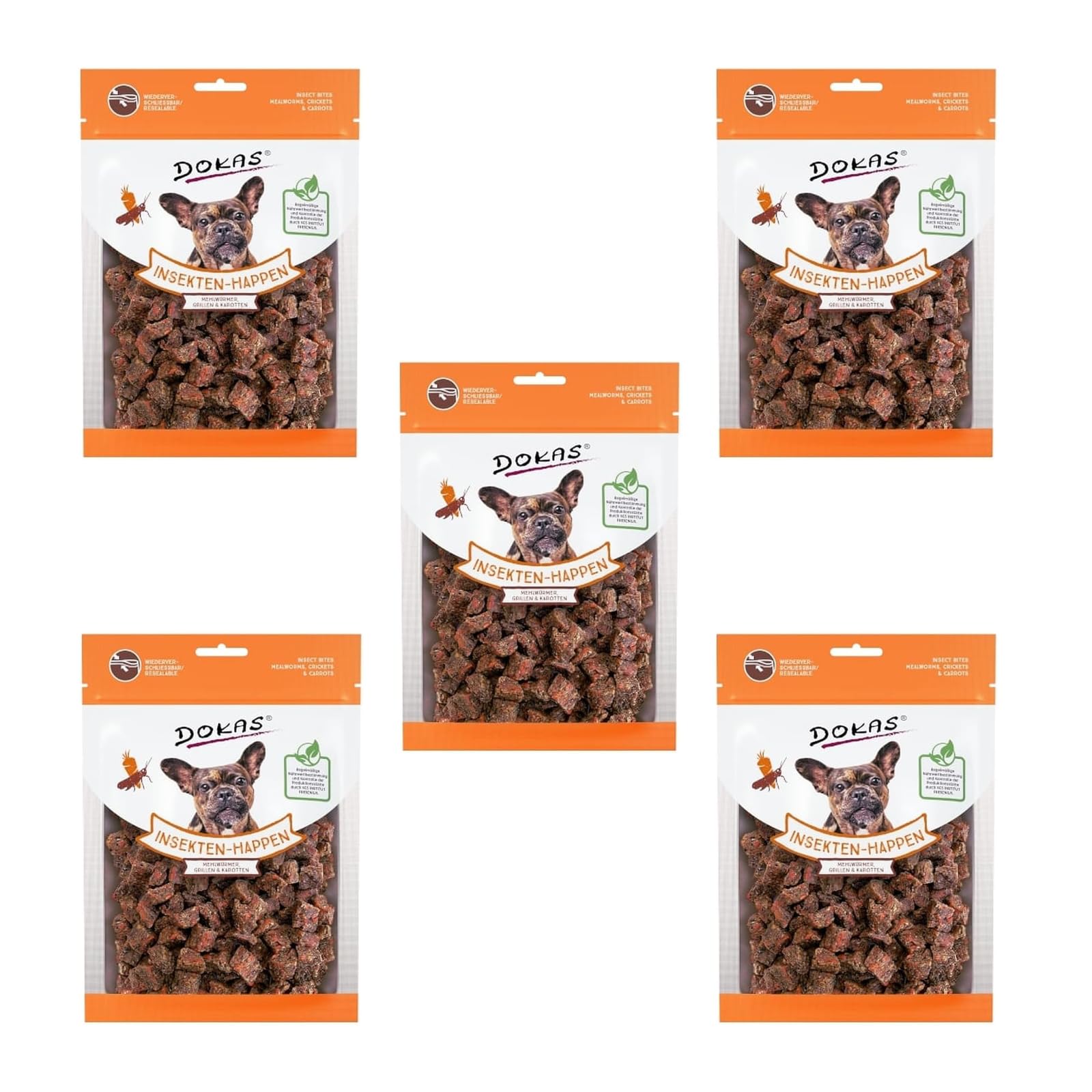 Dokas Dog Bocconcini di Insetti con larve di tarme, grilli e carote | Confezione da 5 | 5 x 100 g | Snack per cani come ricompensa tra i pasti abituali | Proteiche alternative